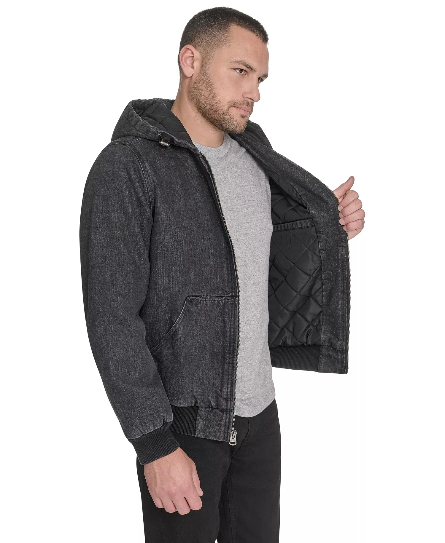 Men's Hooded Bomber Jacket - Black Denim - 2XL