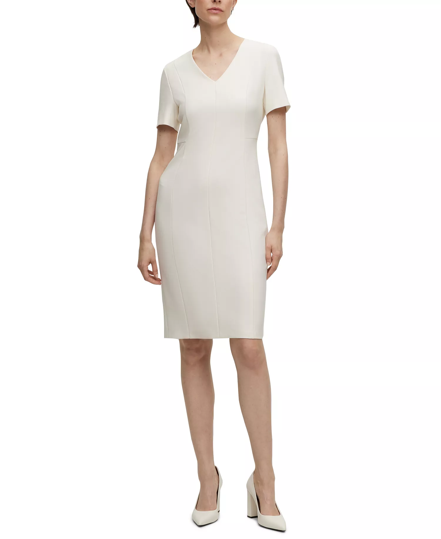 Women's Stretch Fabric V-Neck Dress - Open White - 0