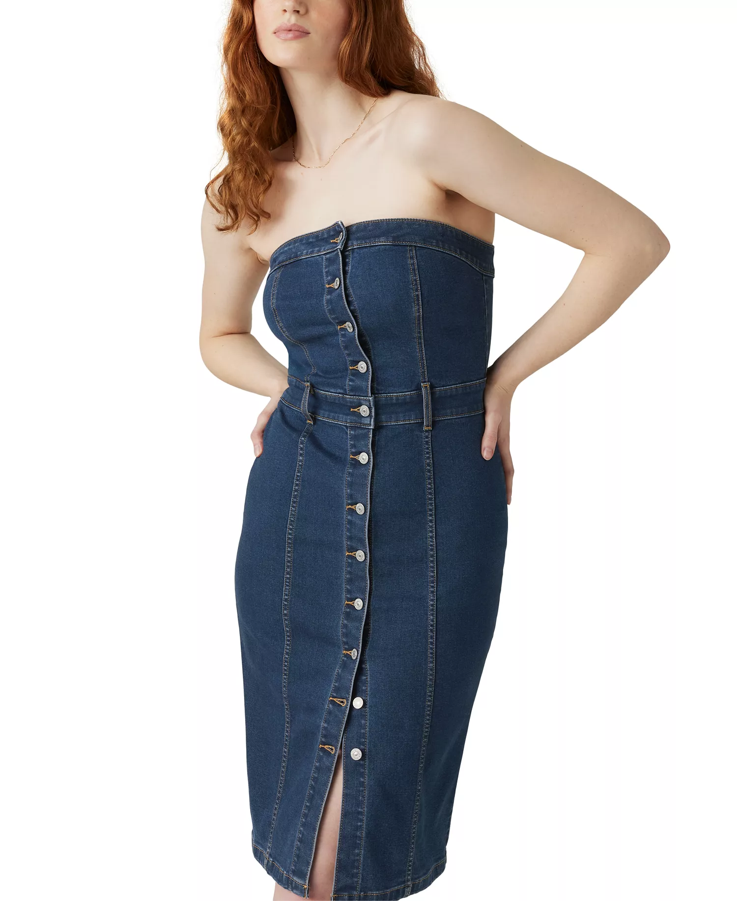 Women's Denim Bustier Button-Front Dress - Upper East Side - L