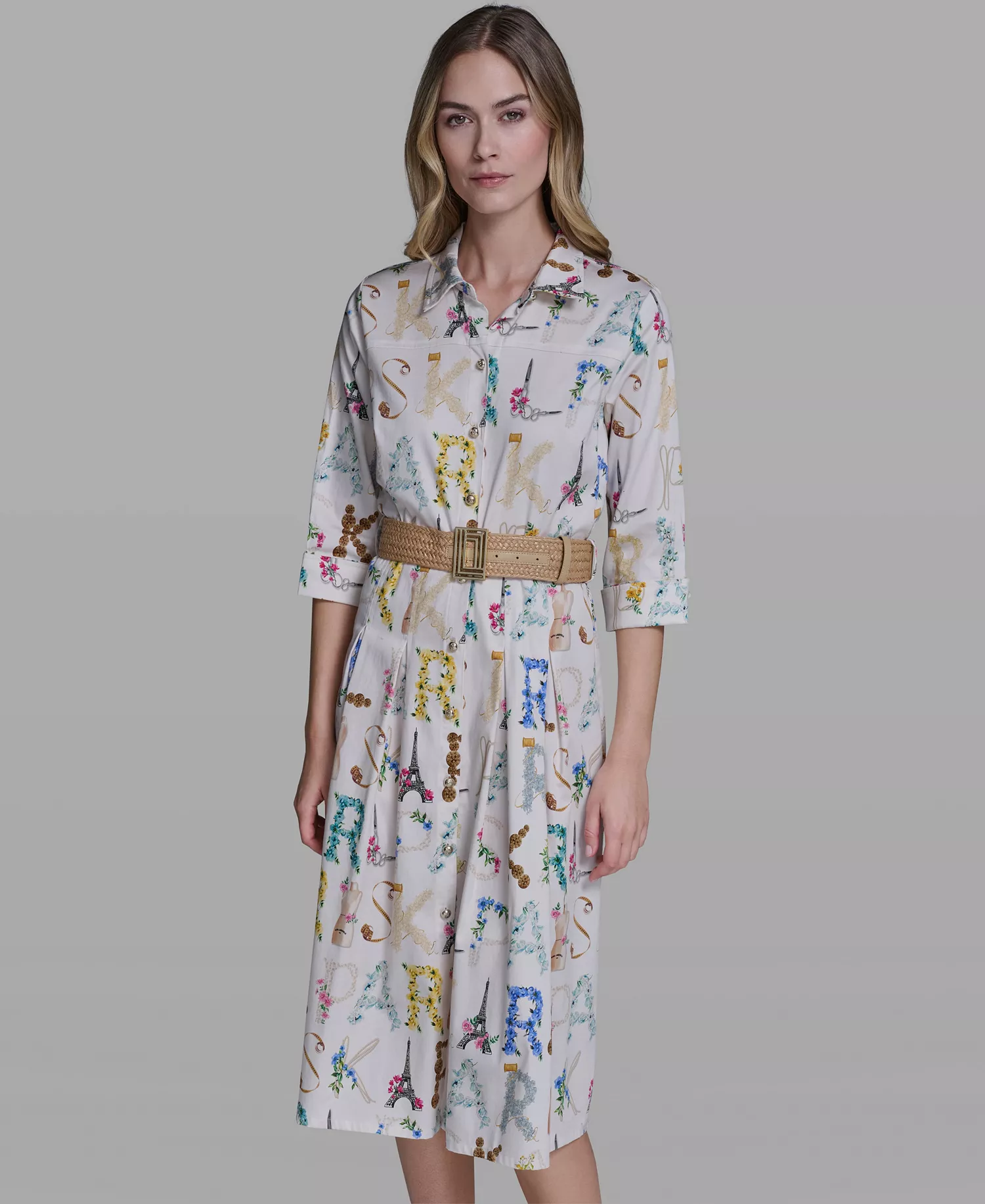 Women's Allover Print Belted Collared Shirt Dress - Bisque/Panna Cotta Multi - 0
