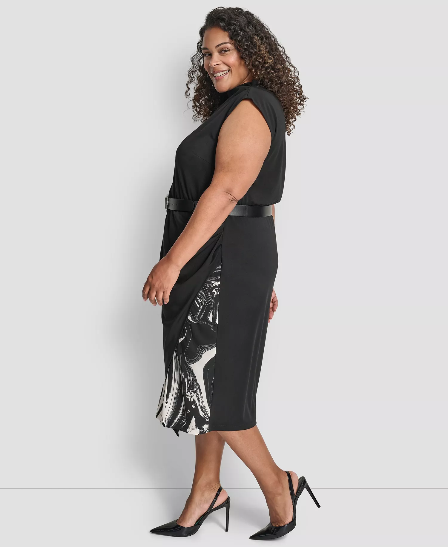 Plus Size Sleeveless Funnel Neck Belted Midi Dress - Black/Ivory - 14W