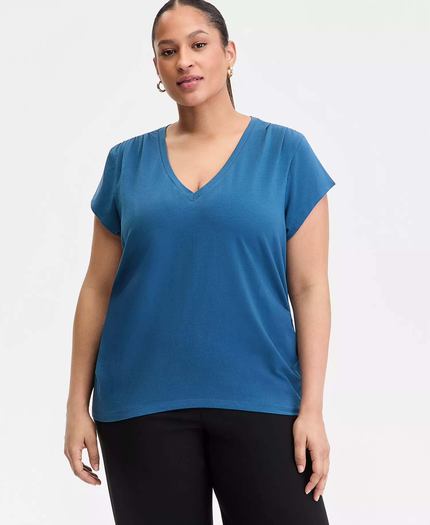 Plus Size V-Neck Pleated-Side T-Shirt, Macy's Exclusive  - Blazing Navy - 0X