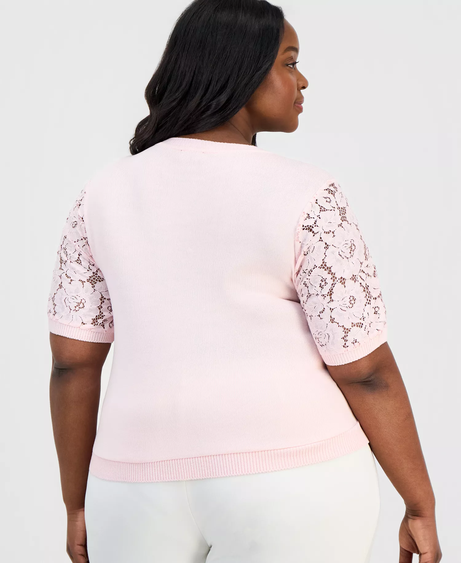 Plus Size Lace-Front Short-Sleeve Sweater - Tea Rose - 1X