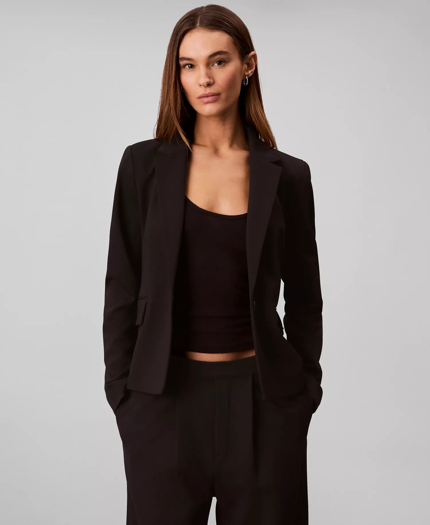 Women's Notch Lapel Collar Ponte Slim Blazer - Black - 10