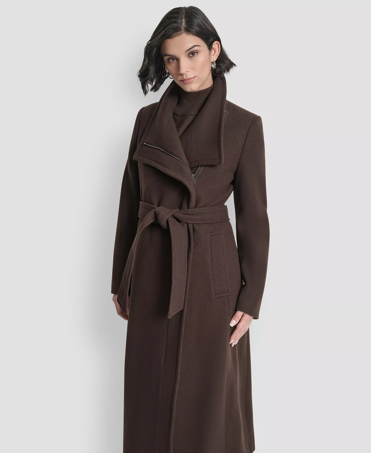 Women's Wing Collar Asymmetrical Wrap Coat - Bitter - L