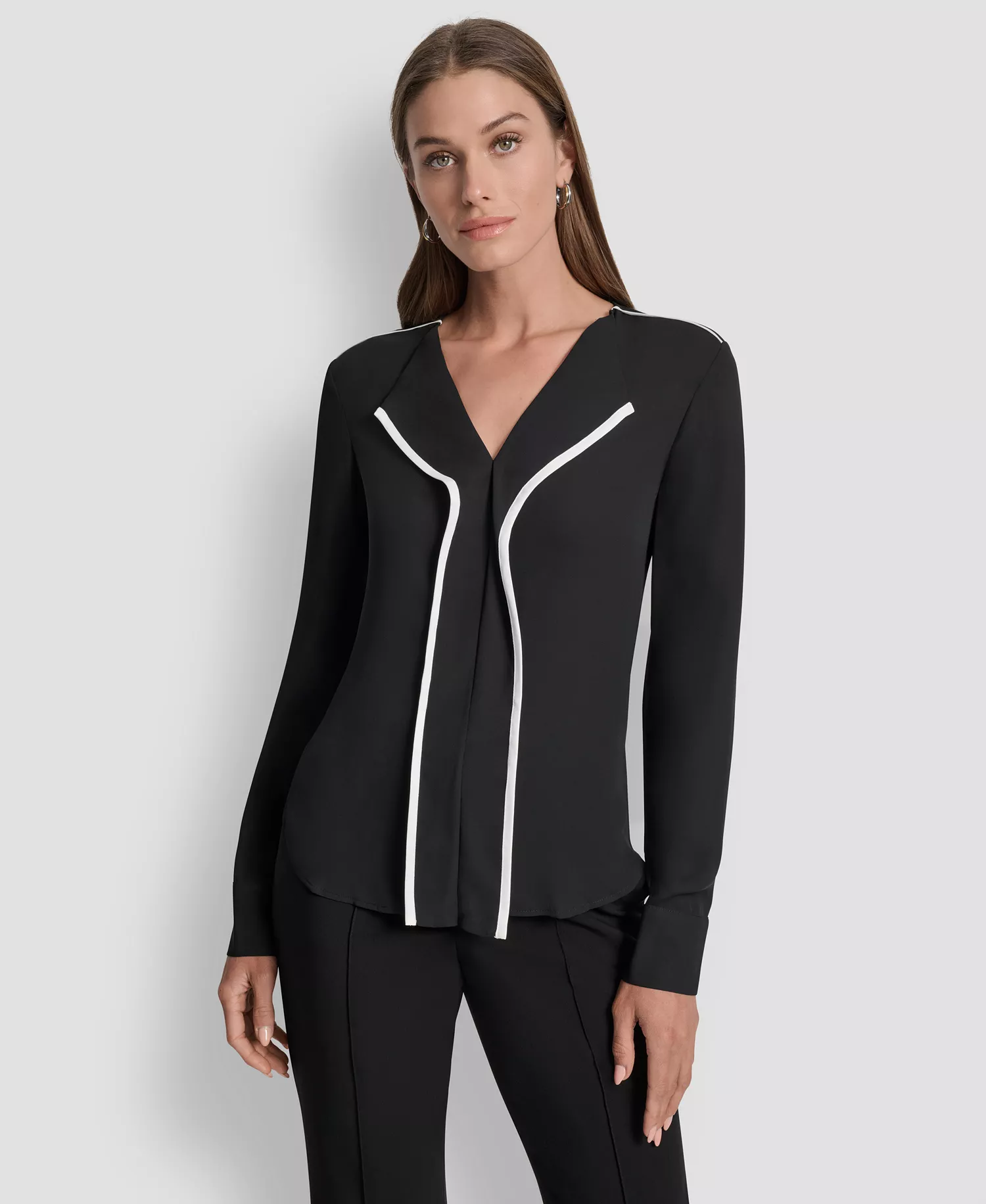 Women's Long Sleeve Trimmed Lapel Blouse, Regular & Petite - Black/ Linen White - L