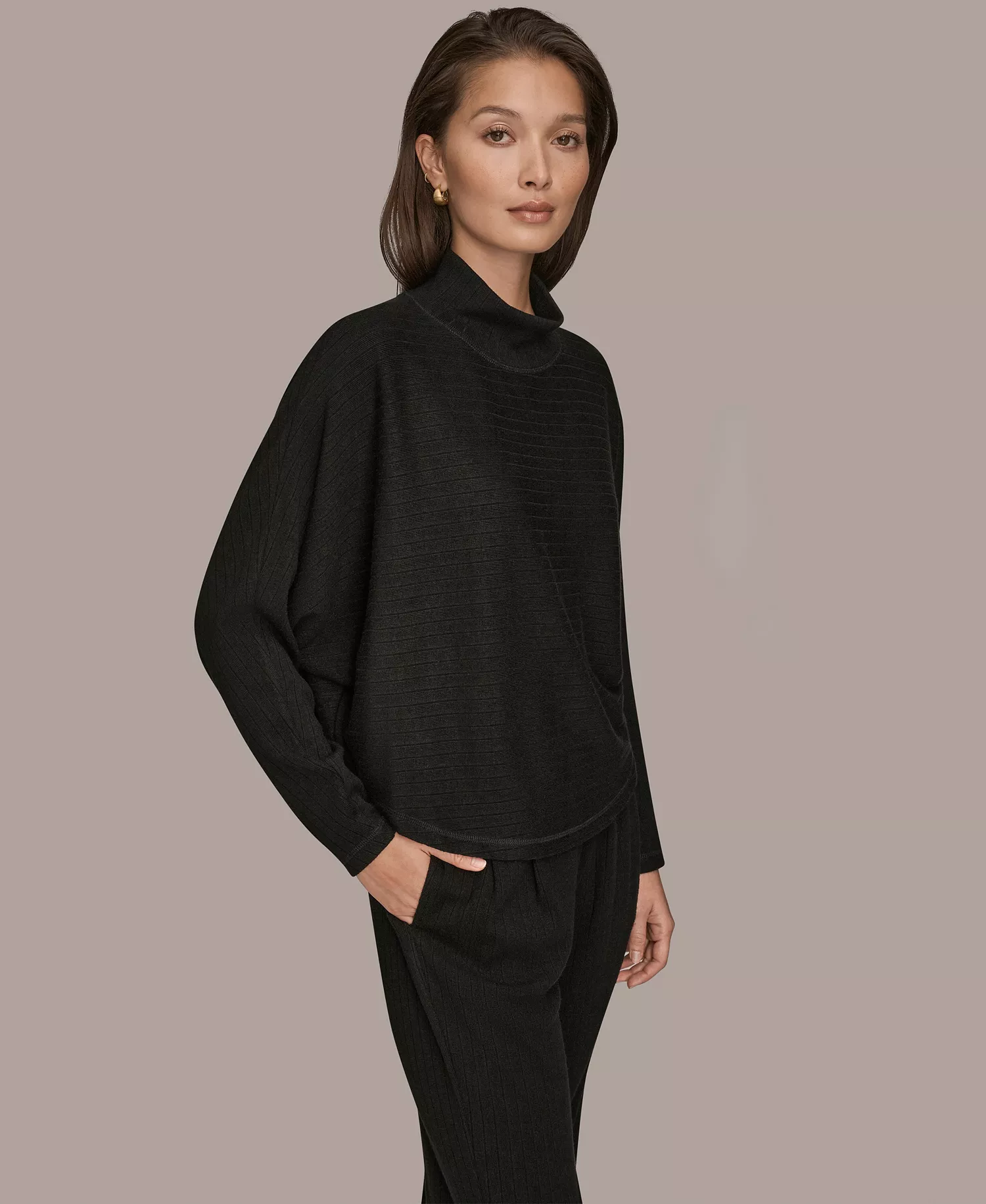 Women's Brushed Rib Dolman Funnel Neck Pullover - Black - L