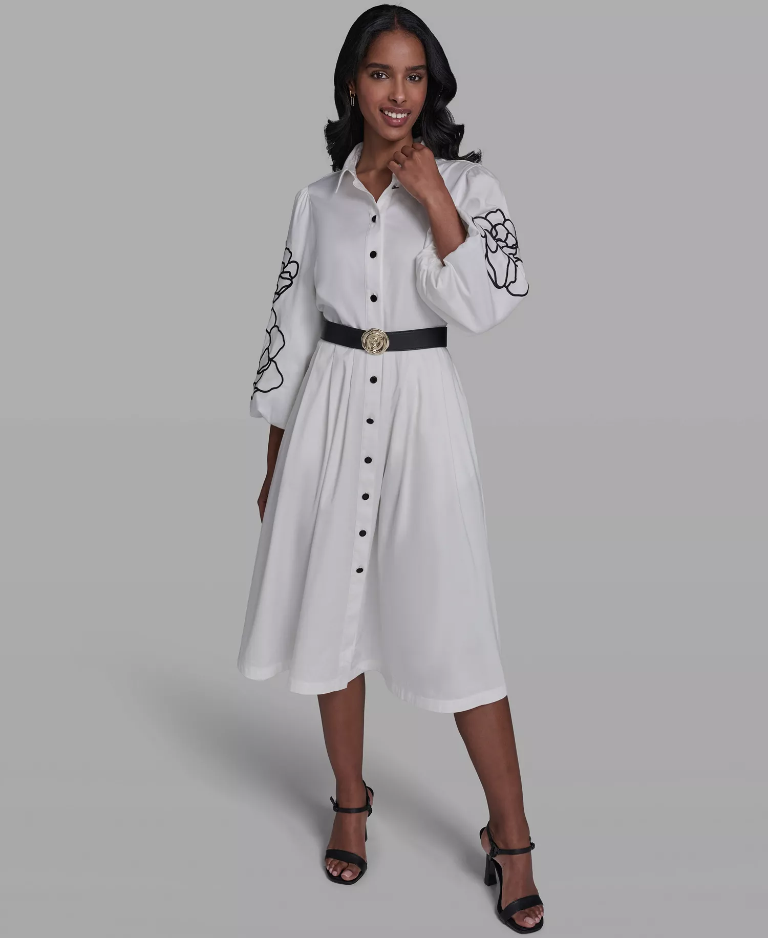 Women's Collared Button-Up Floral Embroidered-Sleeve Belted Dress - Soft White - 0