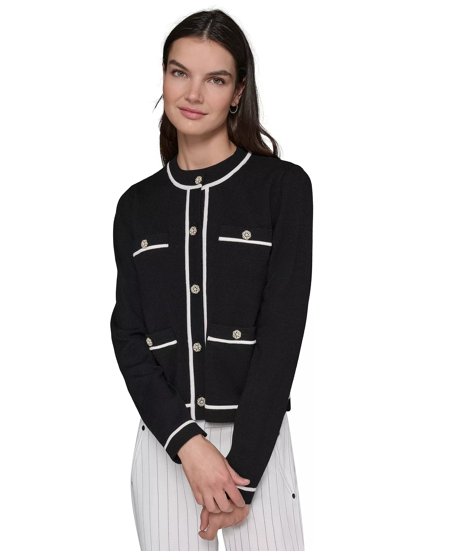 Women's Four-Pocket Crewneck Cardigan - Black - L