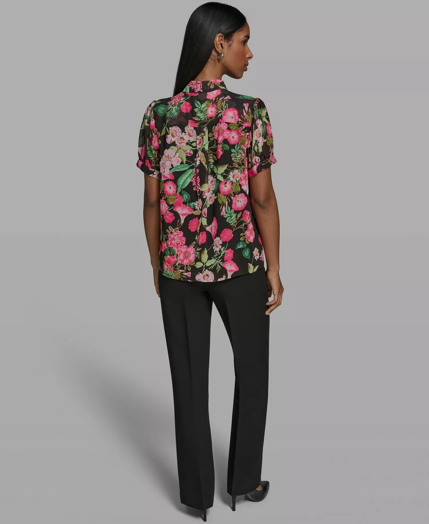 Women's V-Neck Woven Blouse - Black Multi - L