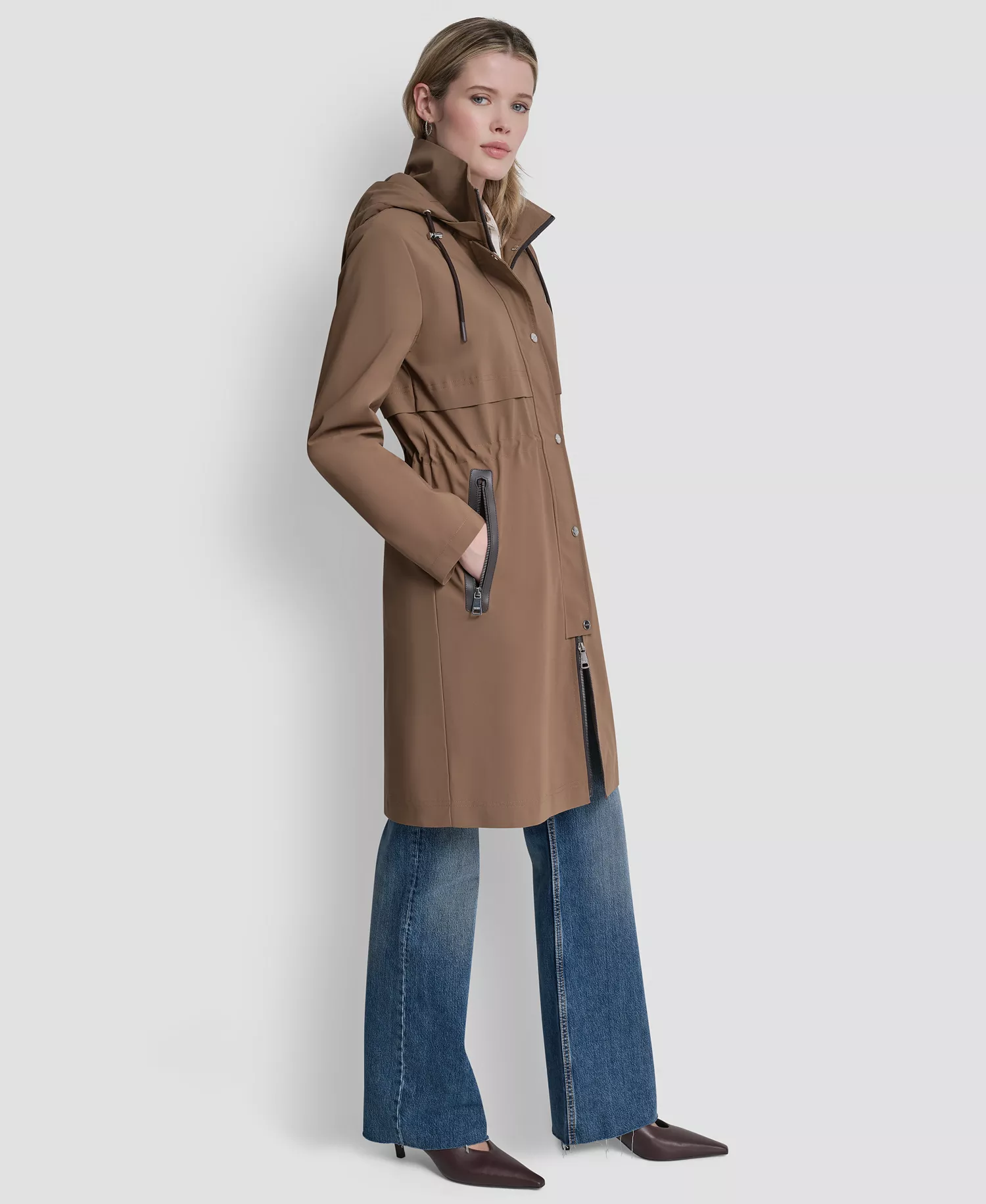Women's Pleather Trim Anorak Rain Coat - Mocha - L
