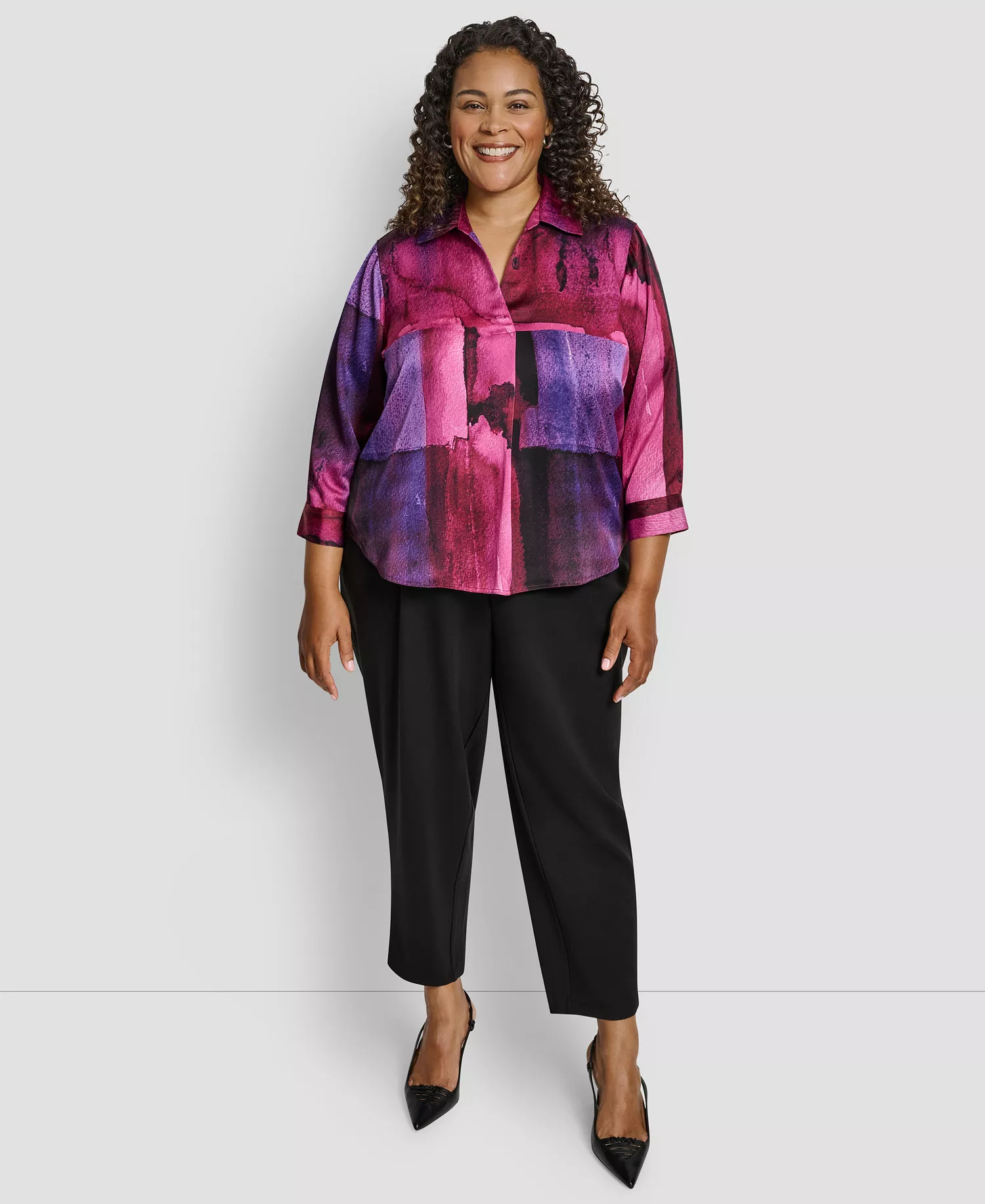 Plus Size Collared Neck Top - Fuchsia/Dark Violet Multi - 1X
