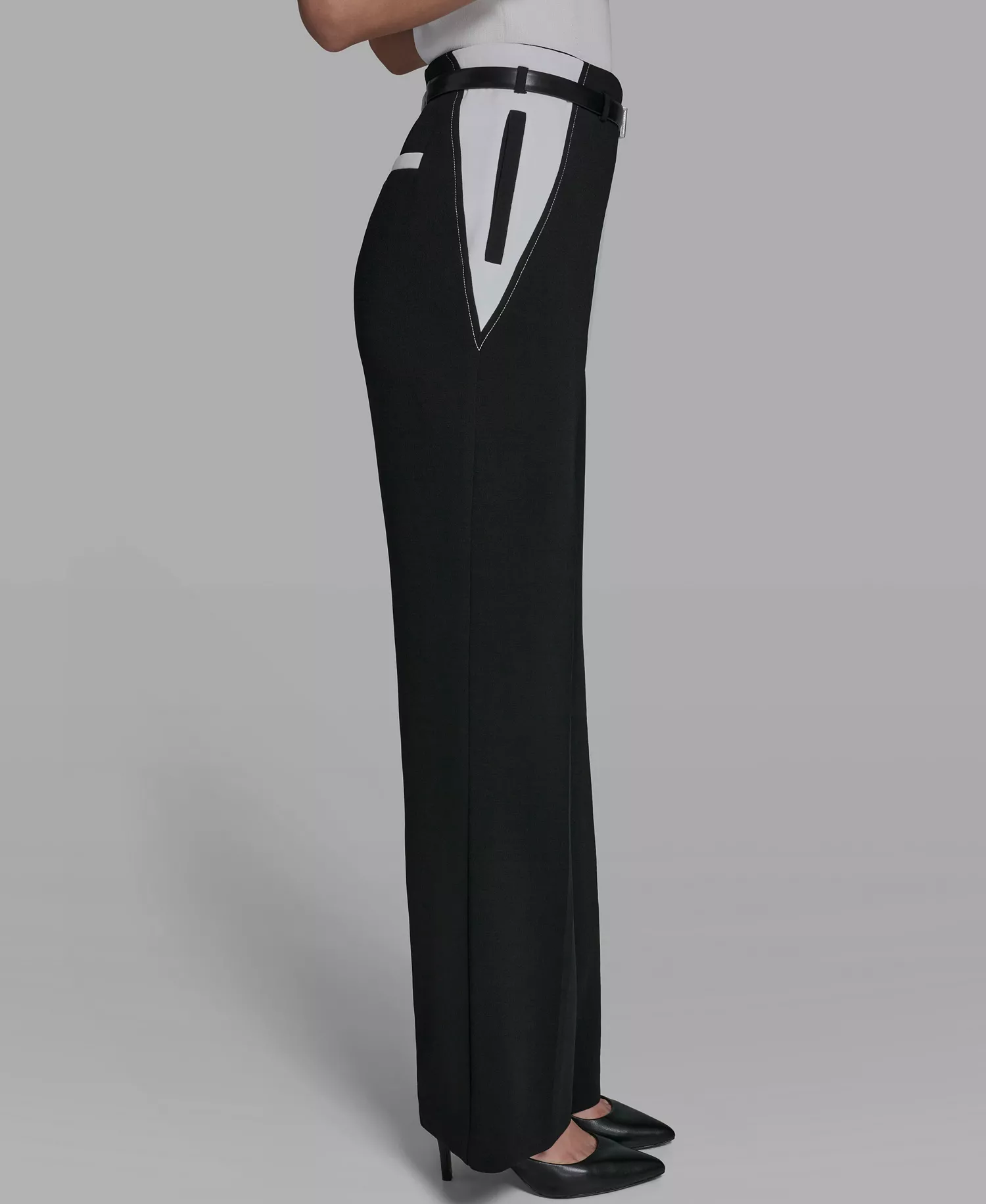 Women's Color Blocked Belted Straight Pants - Black - 10