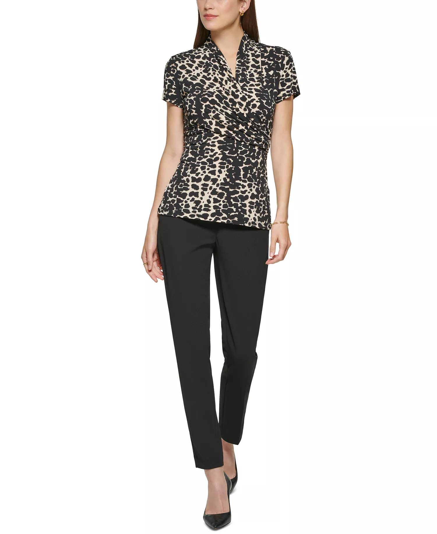 Petite Animal-Print Draped Surplice Blouse, Created for Macy's - Black/Tan - PL