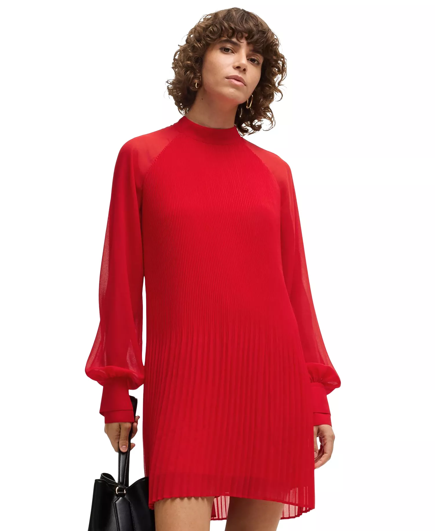 Women's Plisse Pleats High-Neck Dress - Bright Red - 6