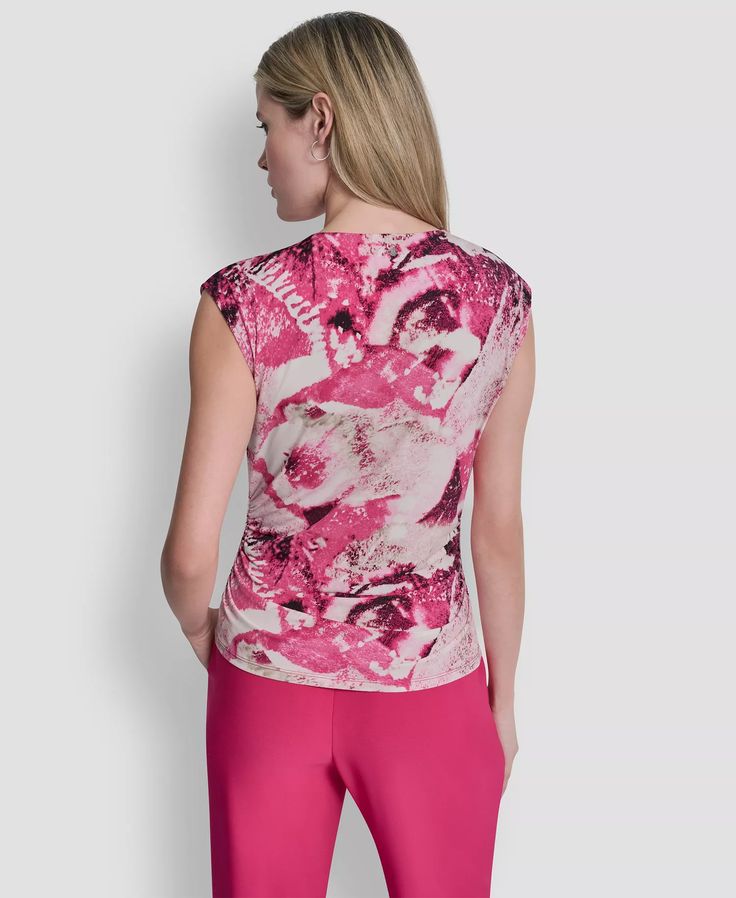 Women's Asymmetric Neck Cap-Sleeve Top - Hot Pink/Pebble Multi - L