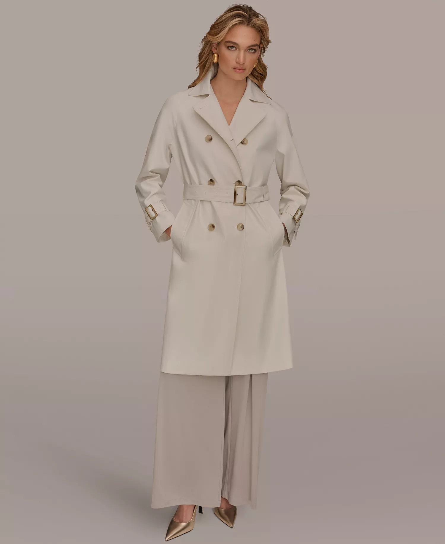 Women's Double Breasted Belted Notch Collar Trench Coat - Cream - L