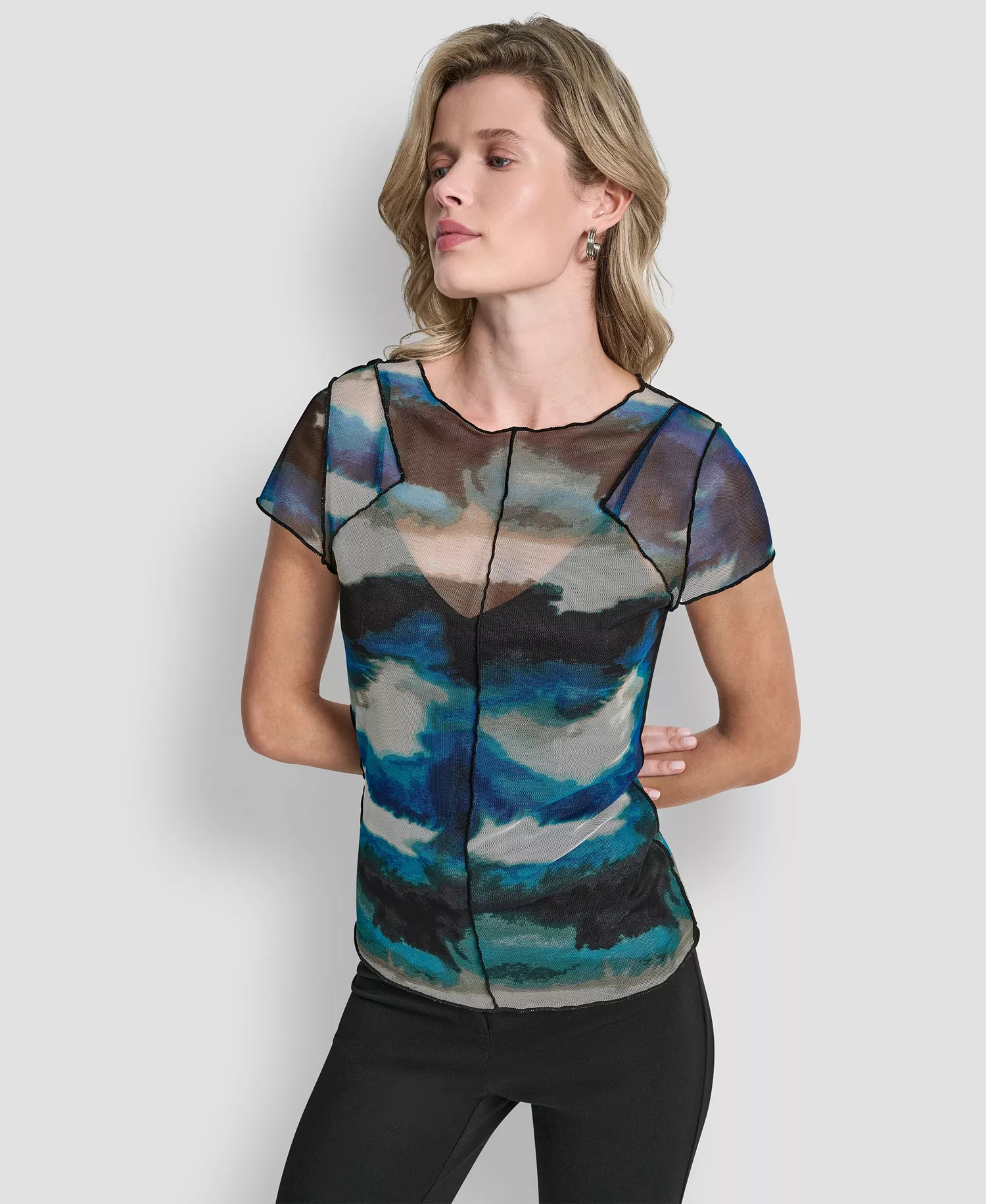 Women's Printed Mesh Xposd Seam Short Sleeve Top - Marbled Ocean - L