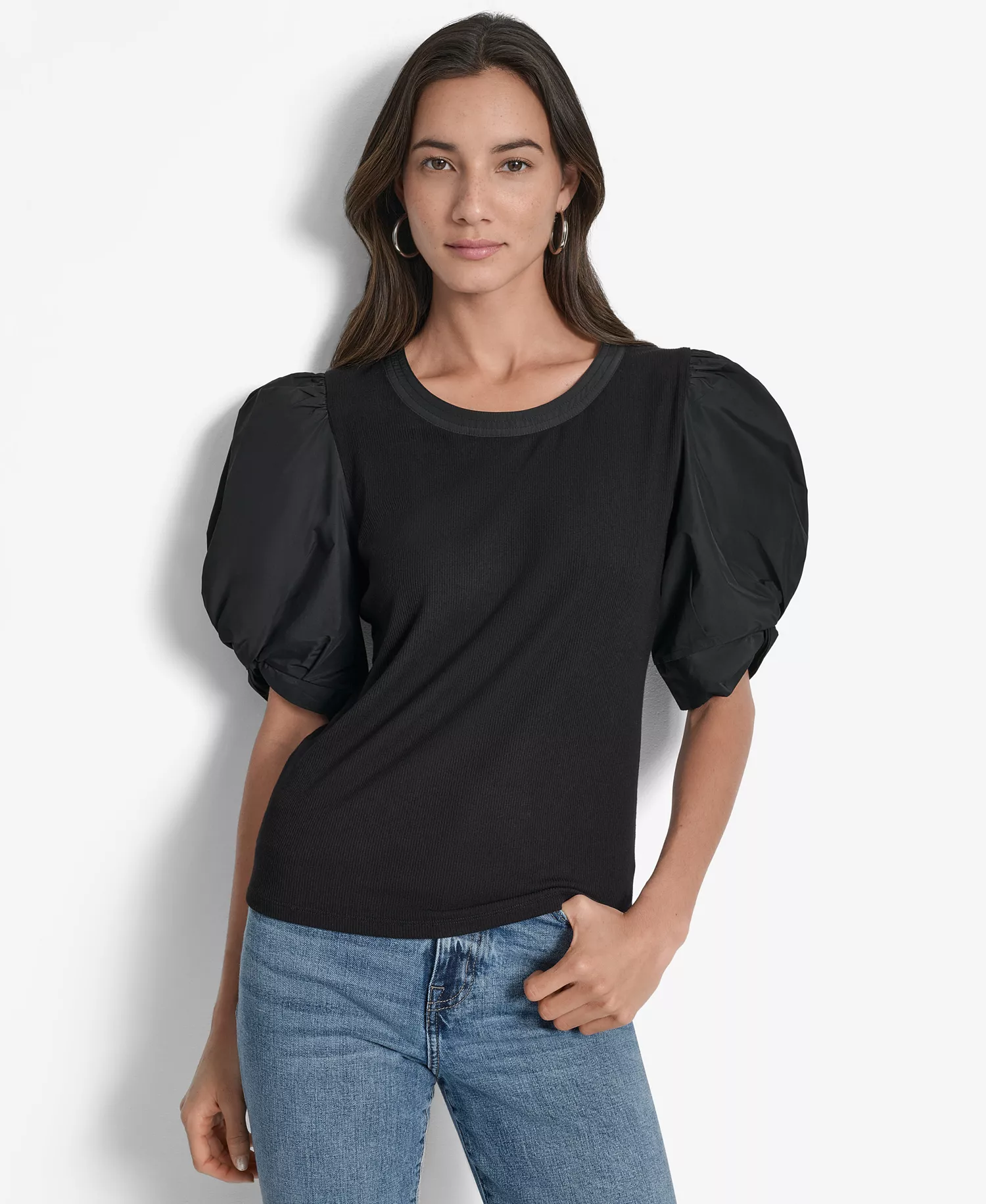 Women's Mixed-Media Taffeta Puff-Sleeve Top - Black - XL