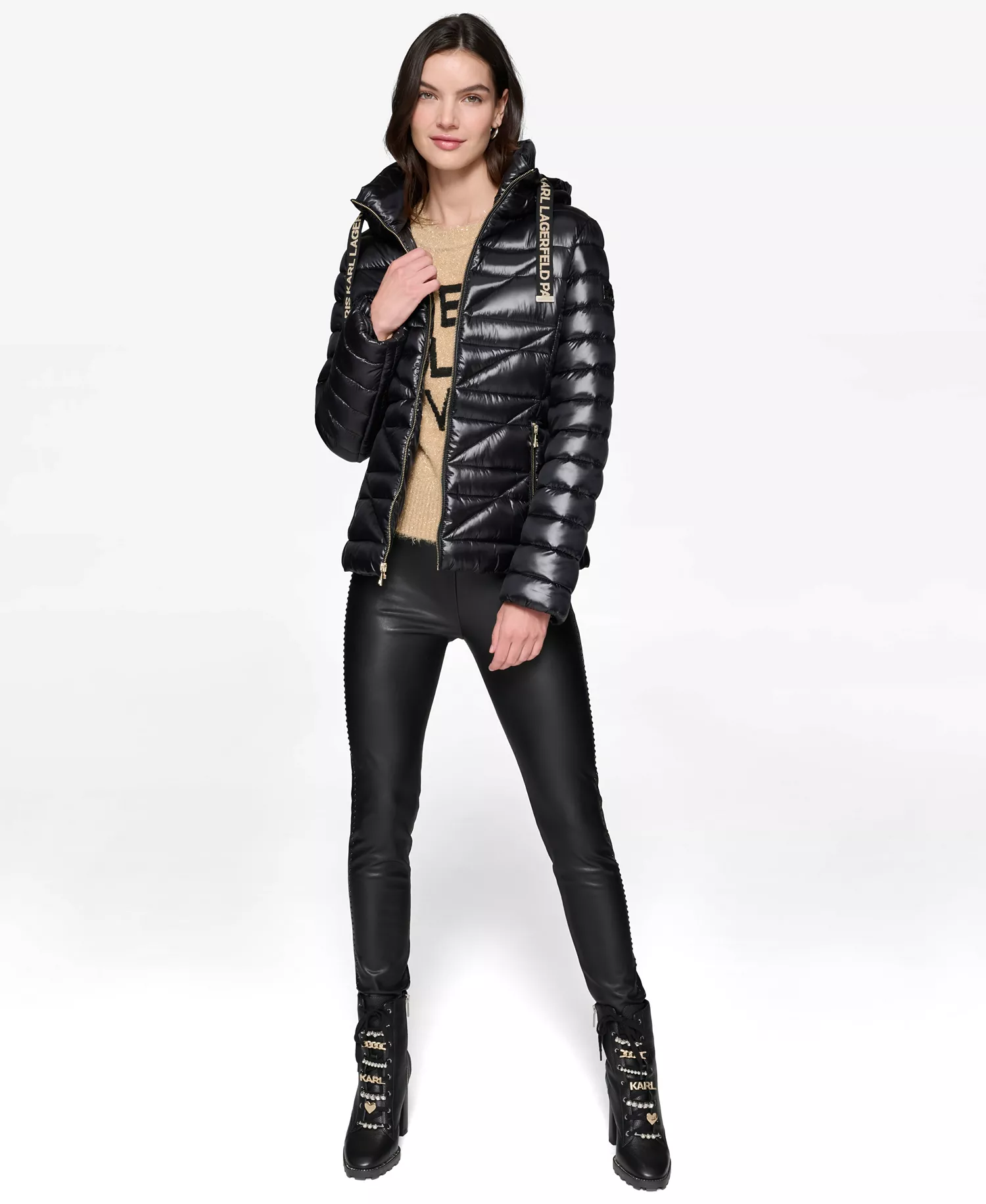 Women's Drawstring Puffer Coat - Black - L