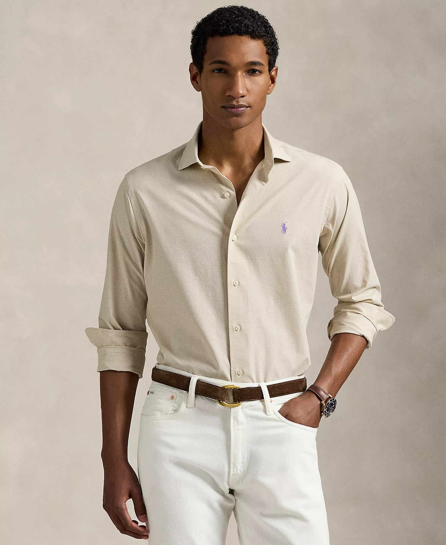 Men's Classic-Fit Plaid Stretch Poplin Shirt - Coastal Beige/White - 2XL