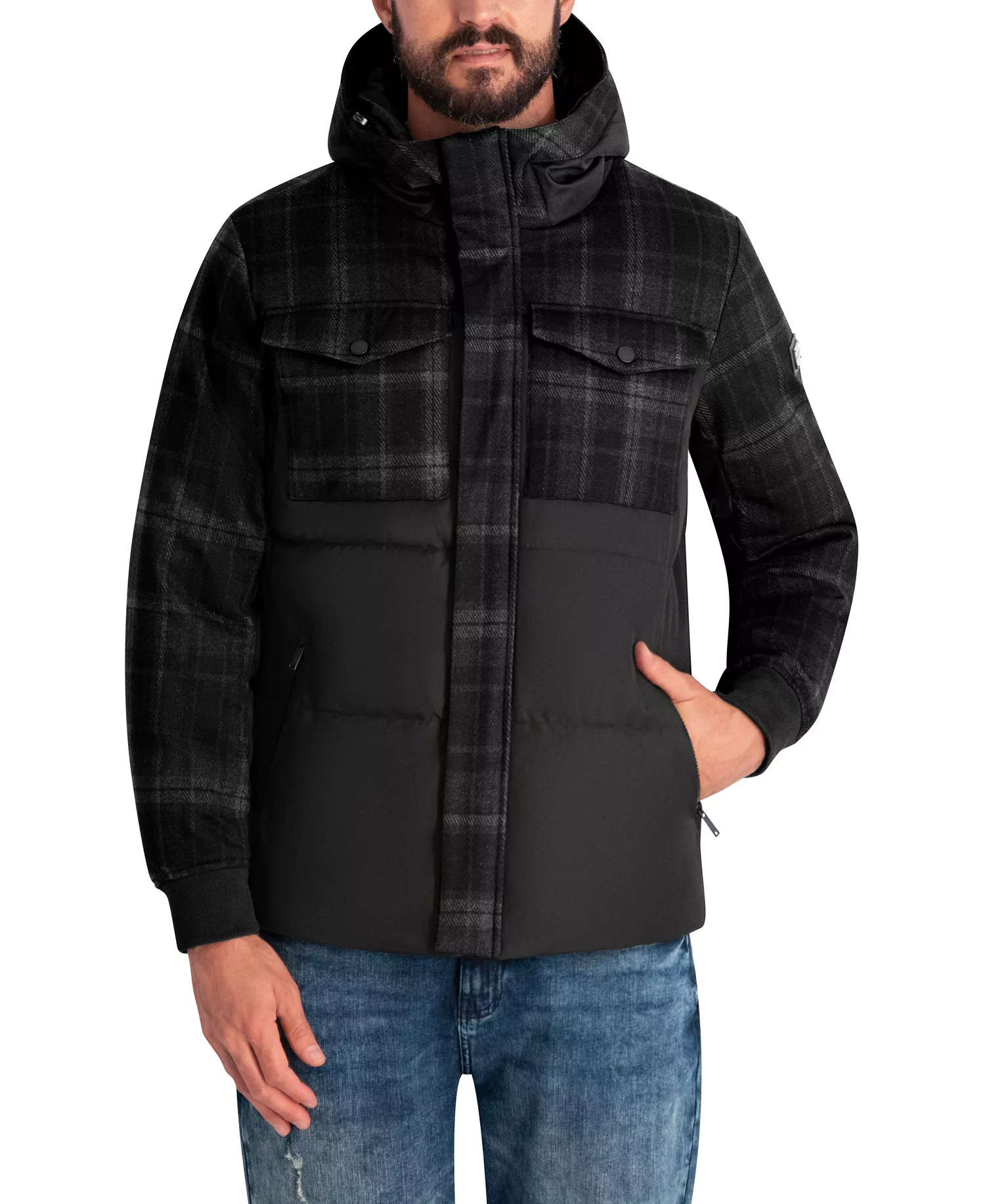 Men's Mixed Media Hooded Puffer Jacket - Black Combo - 2XL