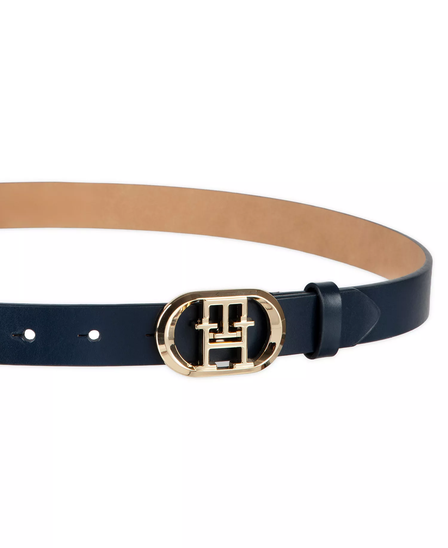 Women's Rounded Monogram Plaque Buckle Dress Belt - Navy - L