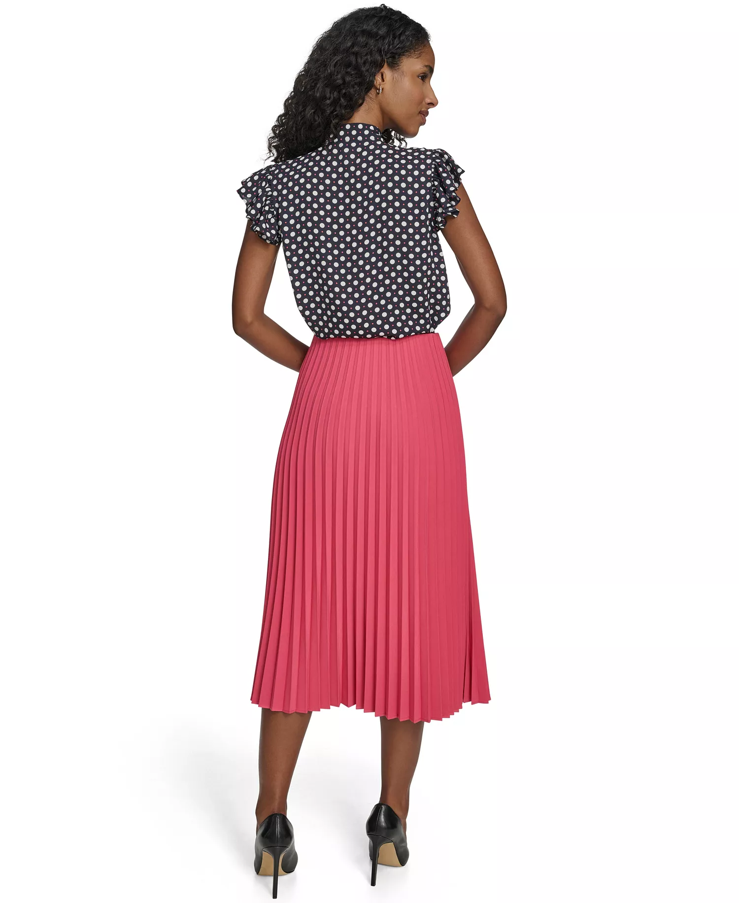 Women's Double Dot Tie Neck Top - Mdingiht/ Ivory/ Rethink Pink - L