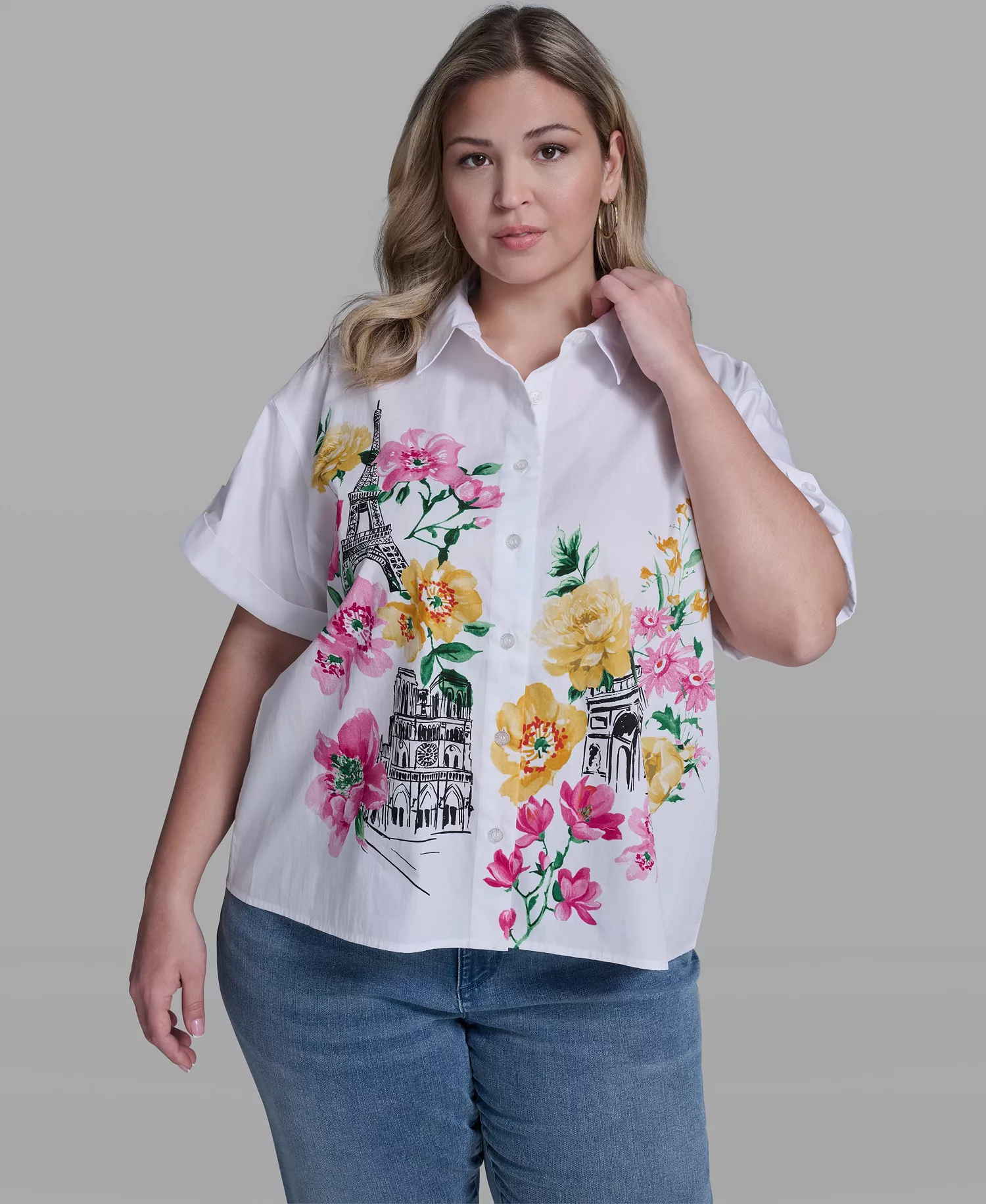 Plus Size Floral Short-Sleeve Top - White - 0X