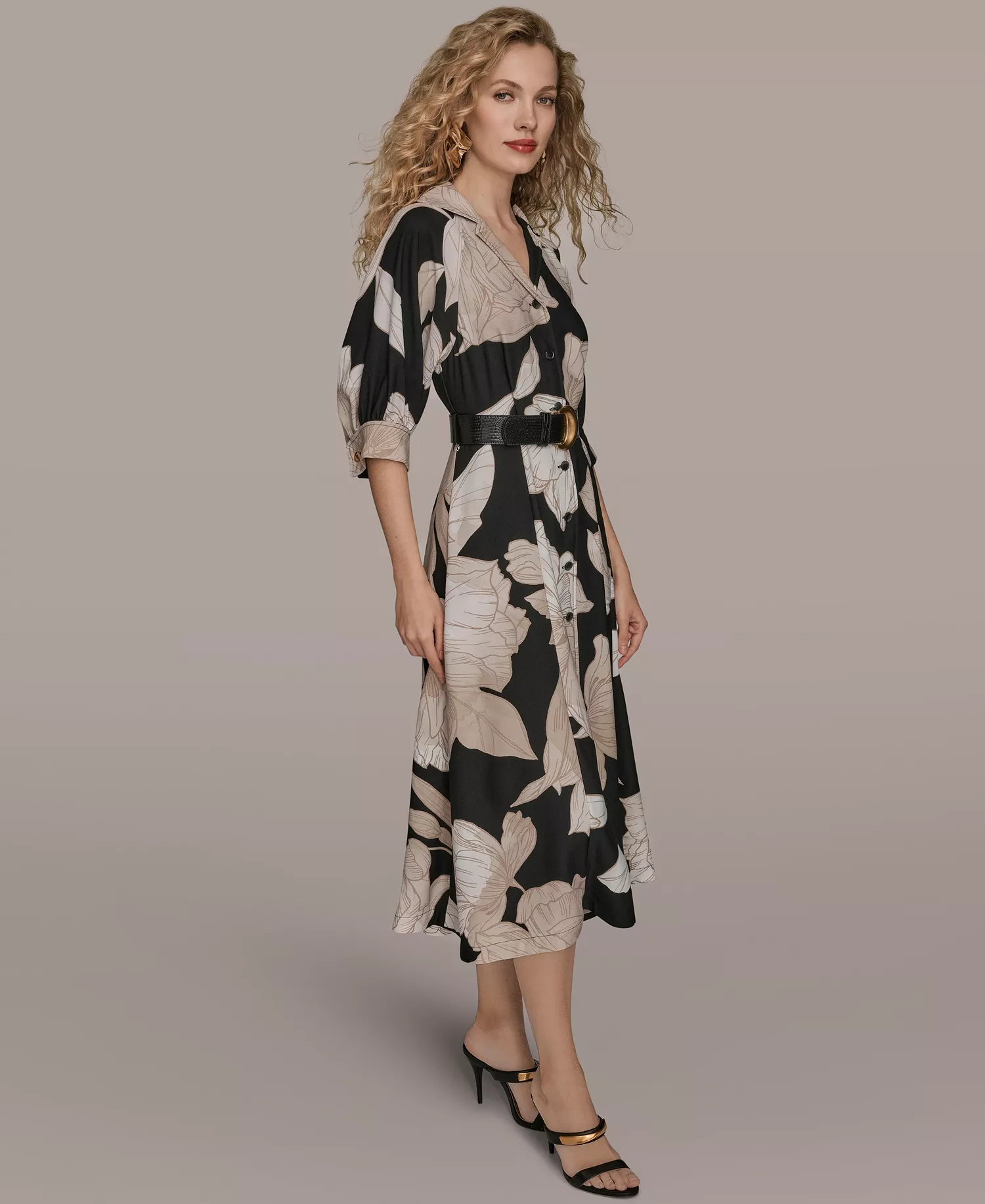 Women's Floral Midi Shirt Dress - Black/fawn multi - 10