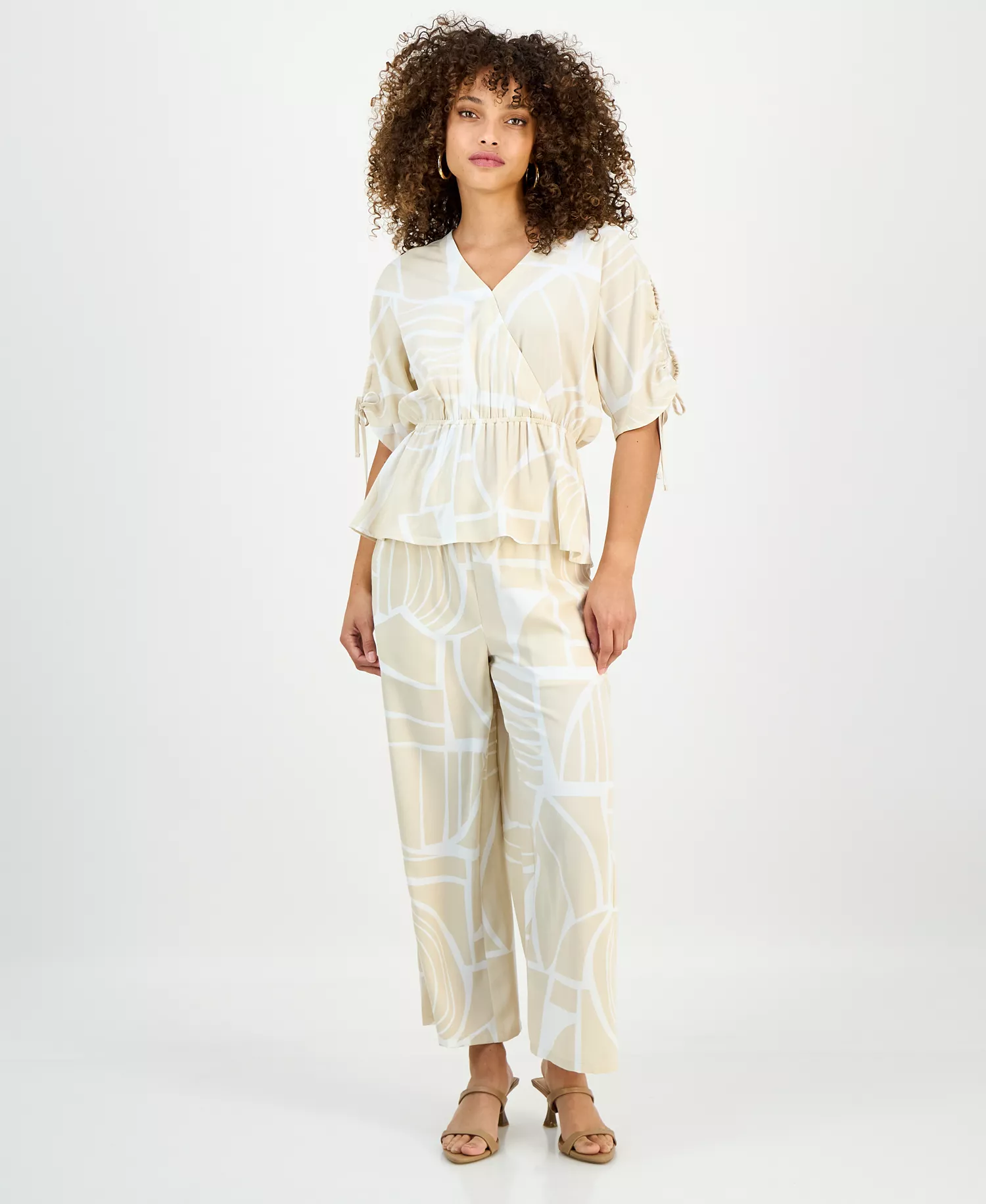 Petite Printed Surplice Peplum Top, Macy's Exclusive - Fae Geo Neutral - P/L