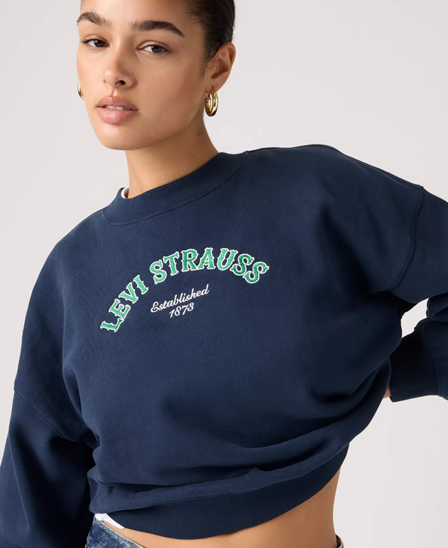 Women's Graphic Boxy Crew Neck Sweatshirt - Crew Western Collegiate Navy Blazer - L