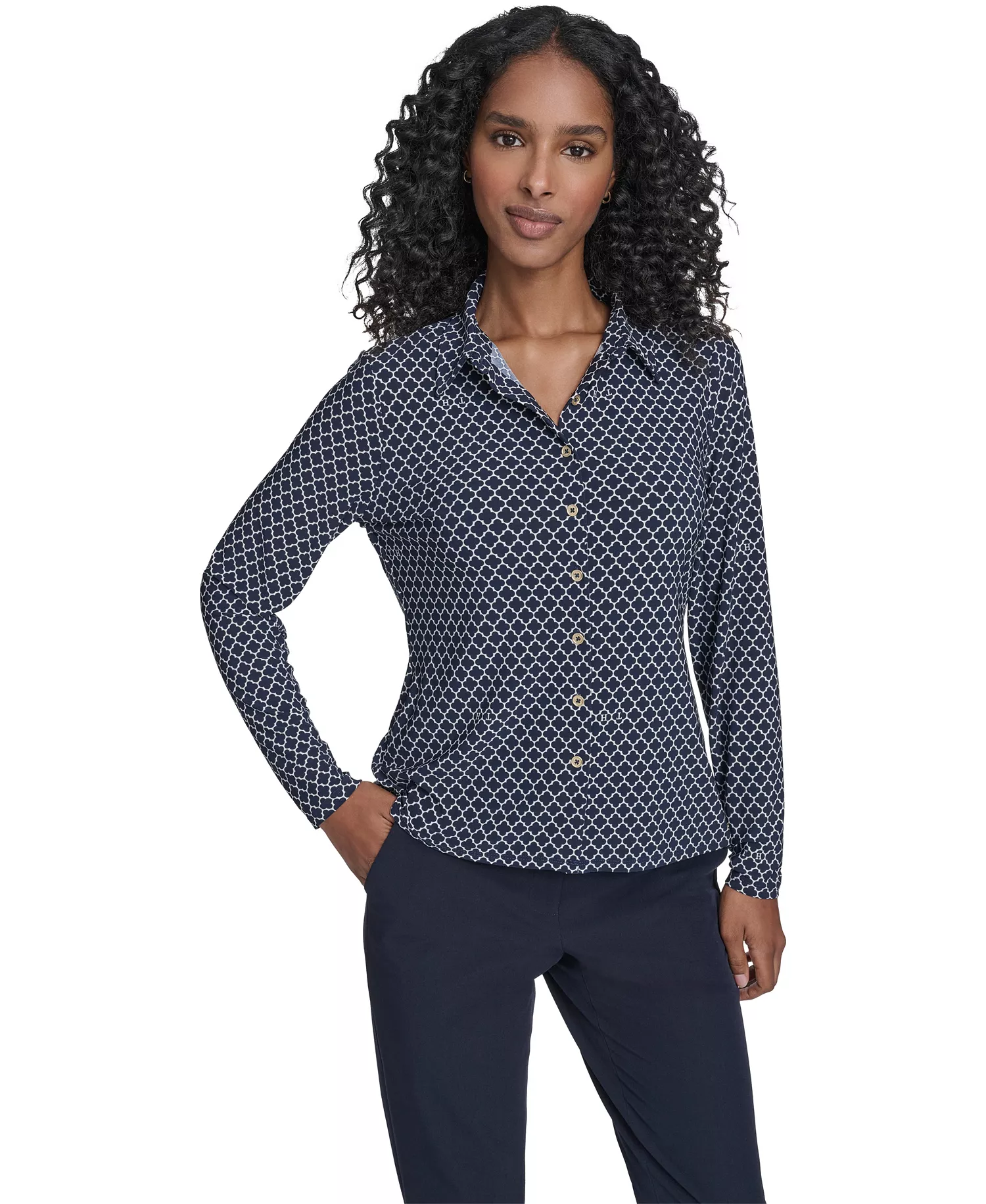 Women's Long Sleeve Clover Button-Up Top - Midnight/ Whitecap - L