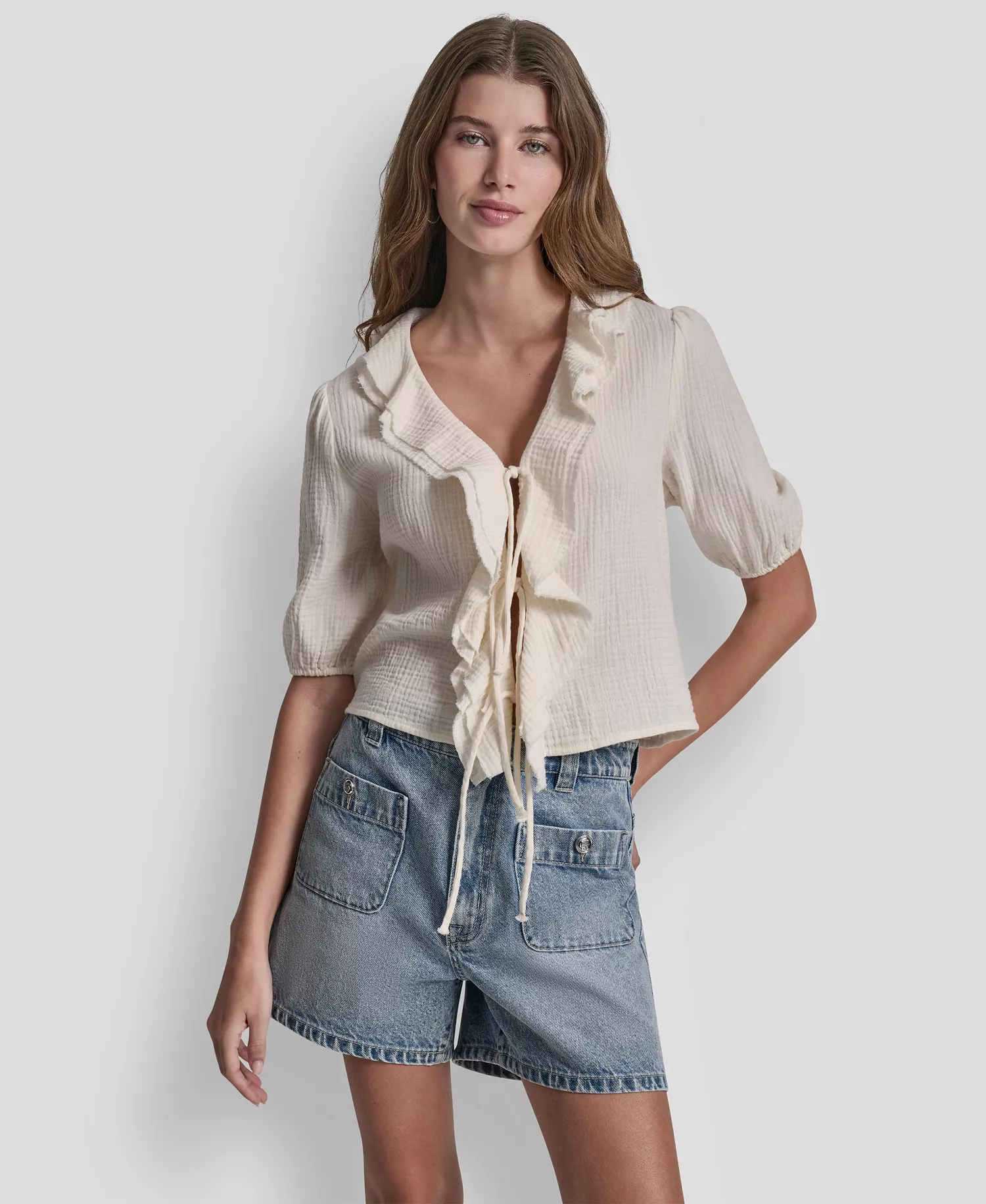 Women's V-Neck Short Puff Sleeve Tie-Front Shirt - Eggnog - L