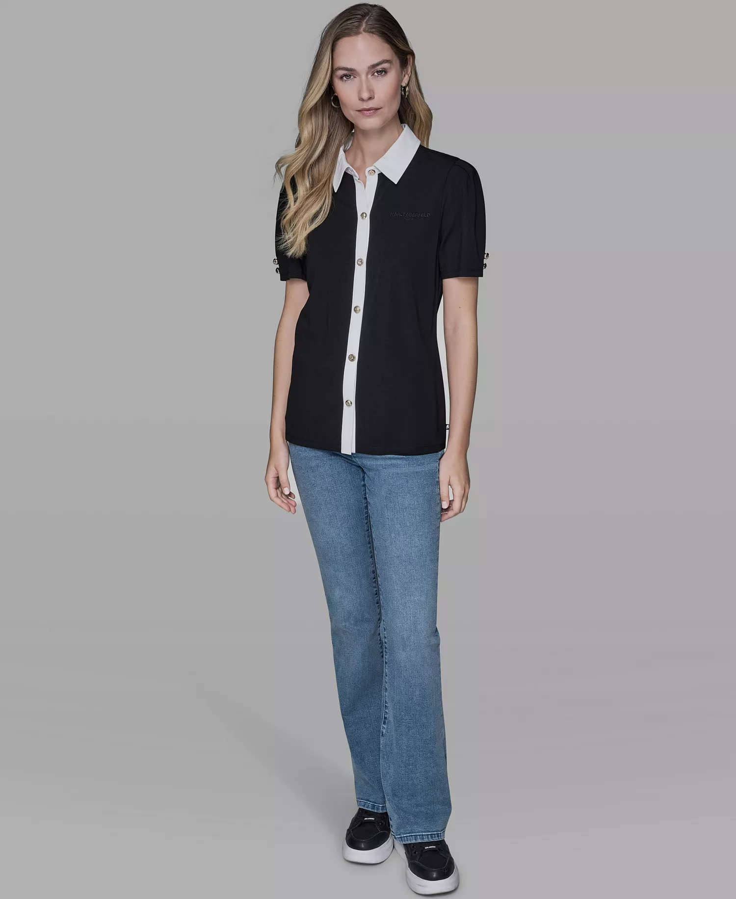 Women's Short-Sleeve Button-Front Top - Black - L
