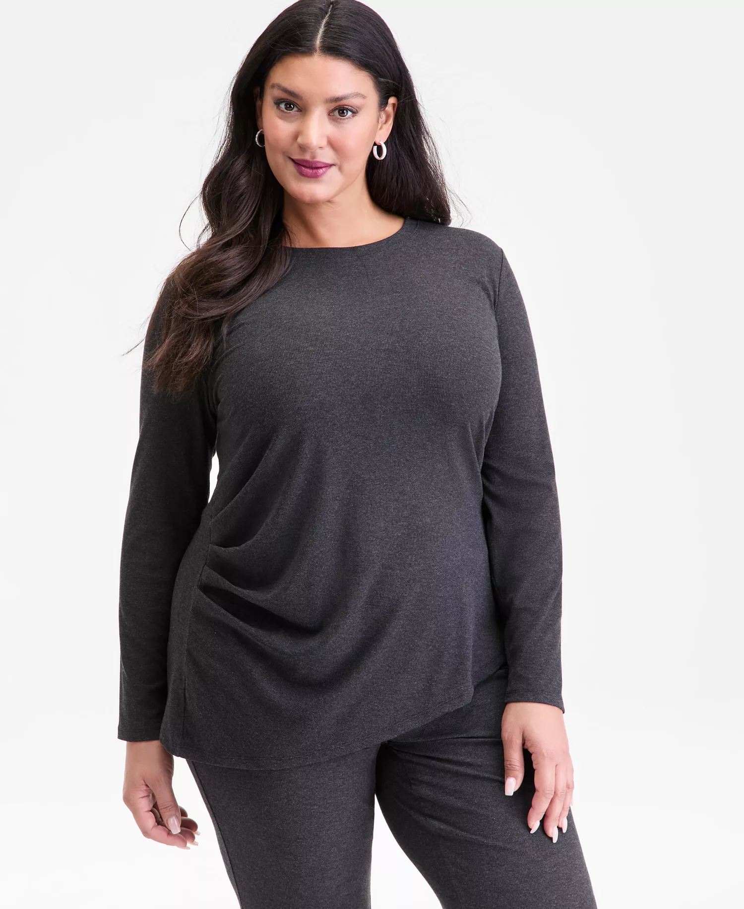Plus Size Ribbed Asymmetrical-Hem Top, Macy's Exclusive - Charcoal Heather - 0X