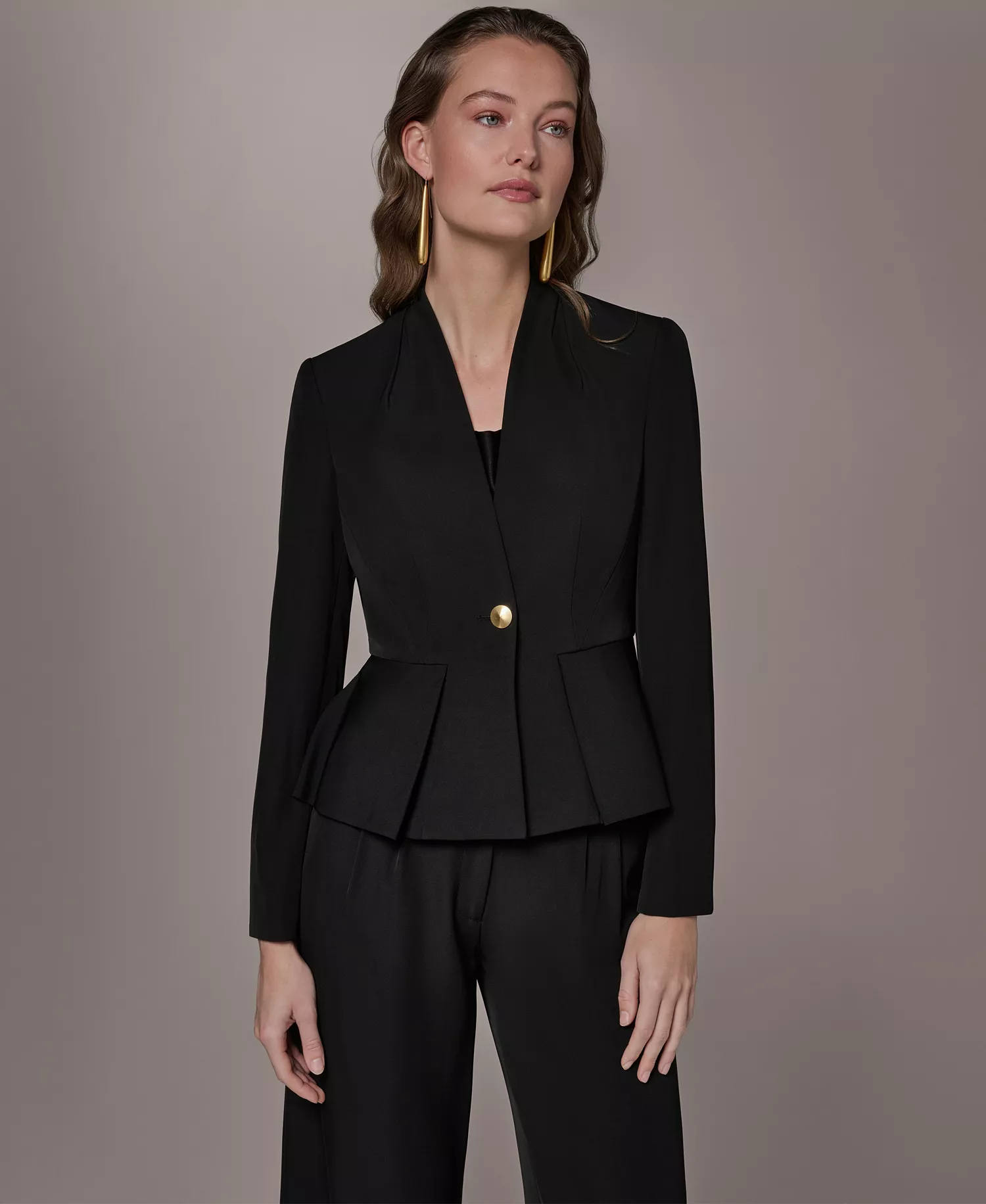 Petite Collarless One Button Jacket - Black - 0P