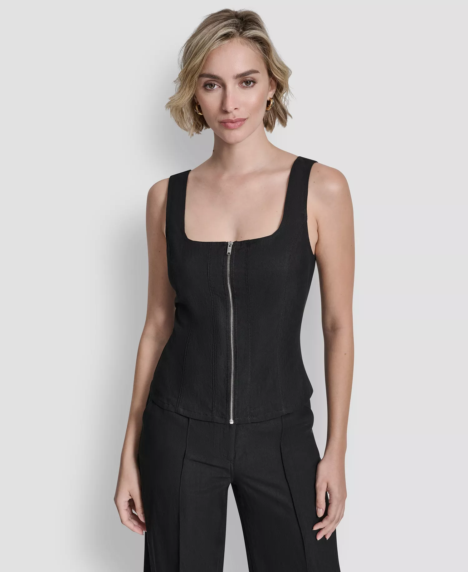 Women's Long-Sleeve Blazer, Belted Front Seam Twill Pants, and Sleeveless Zipper Corset Top - Black - L