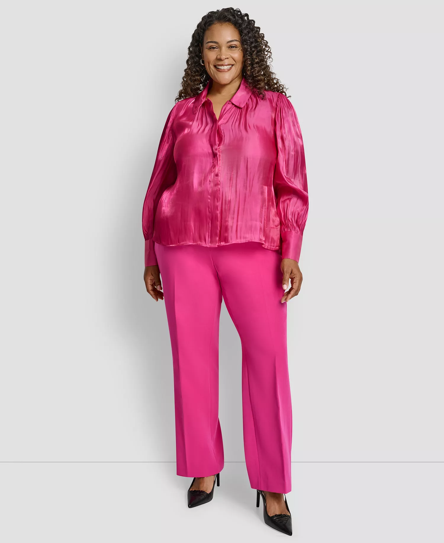Plus Size Balloon Sleeve Collared Neck Top - Fuchsia - 1X