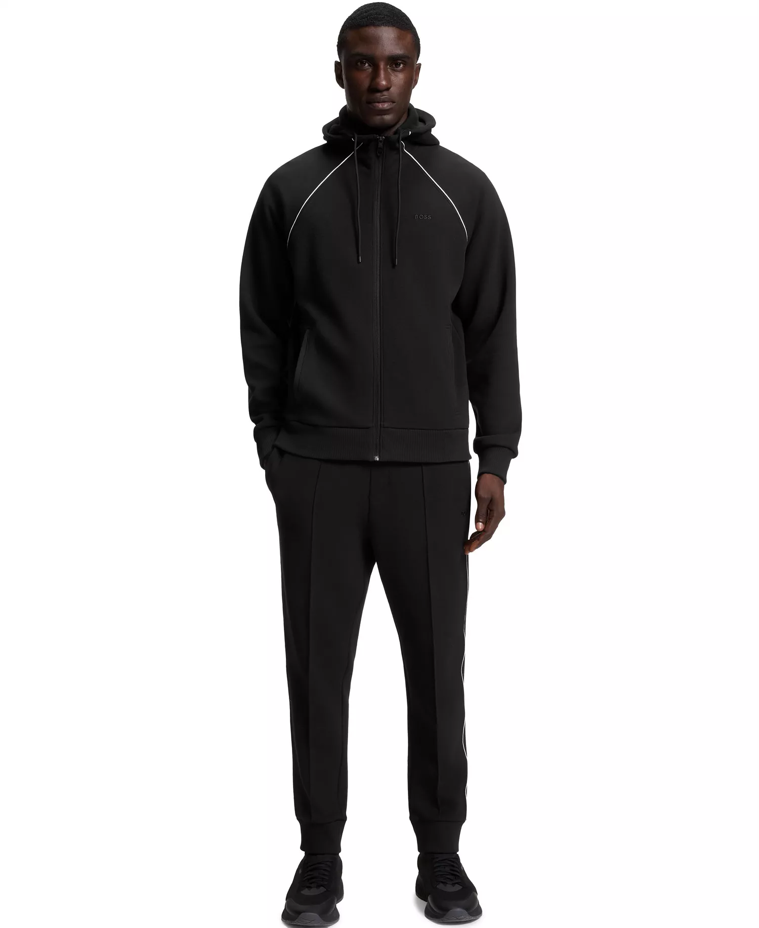 Men's Piping Details Cotton-Blend Zip-Up Hoodie - Black - L