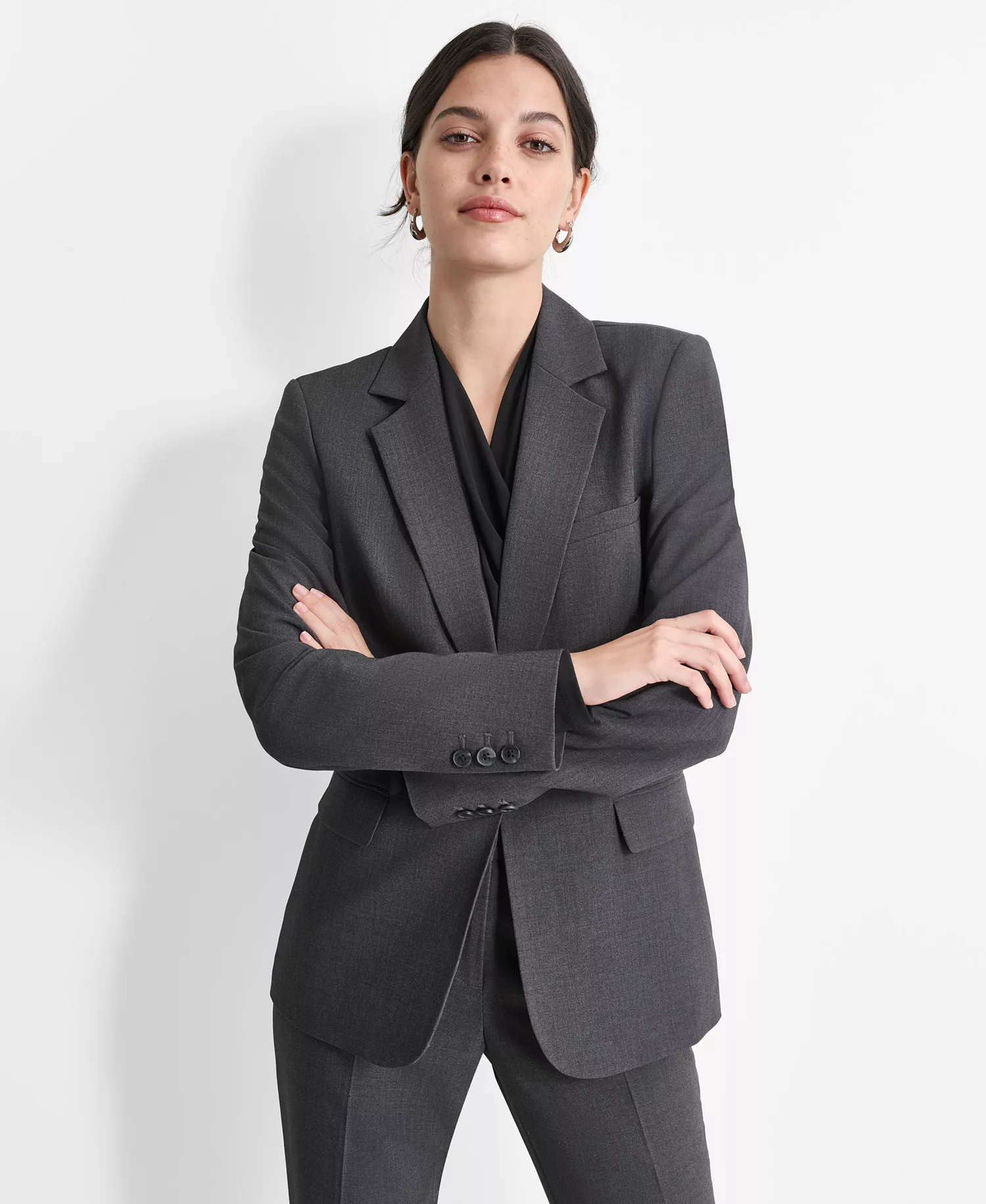 Women’s Notch-Lapel Button-Front Long-Sleeve Jacket  - Charcoal - 10