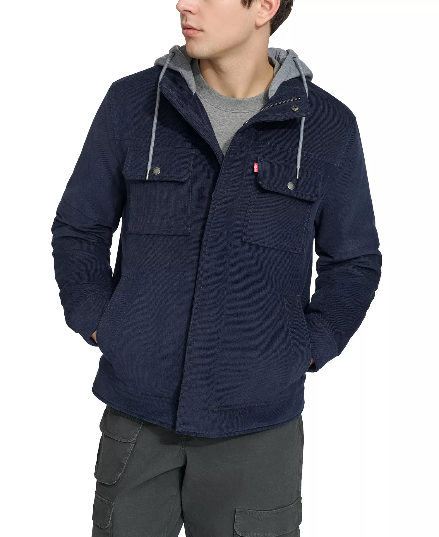 Men's Hooded Corduroy Zip Jacket - Navy - 2XL