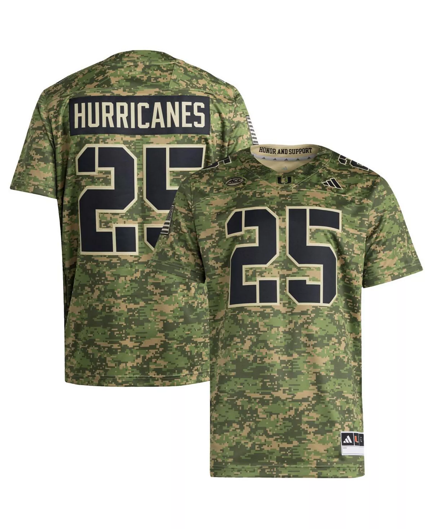 Men's 25 Camo Miami Hurricanes Honor Support Premier Strategy Jersey - Camo - 3XL