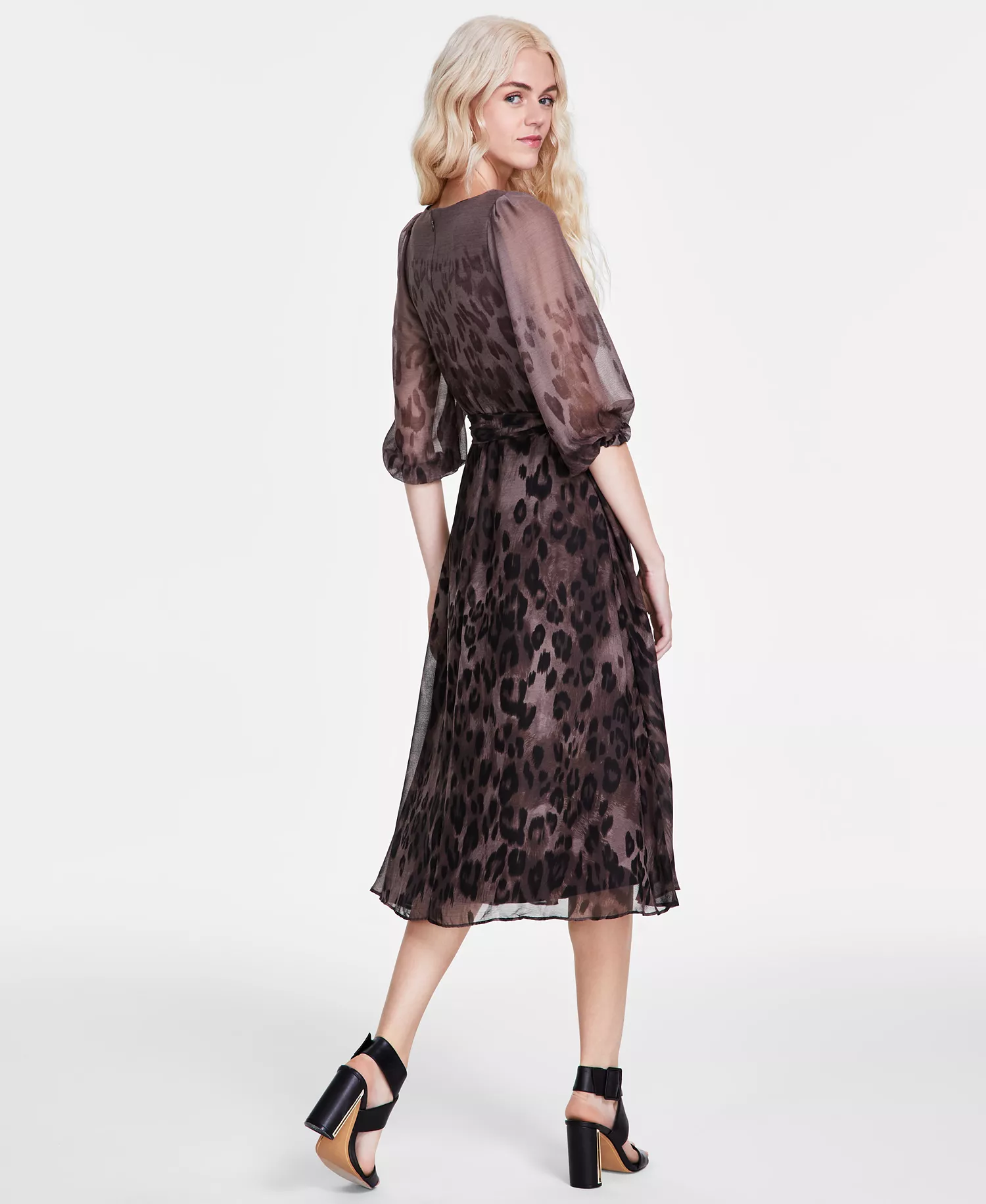 Women's Printed Faux-Wrap Balloon-Sleeve Dress - Brown Multi - 10