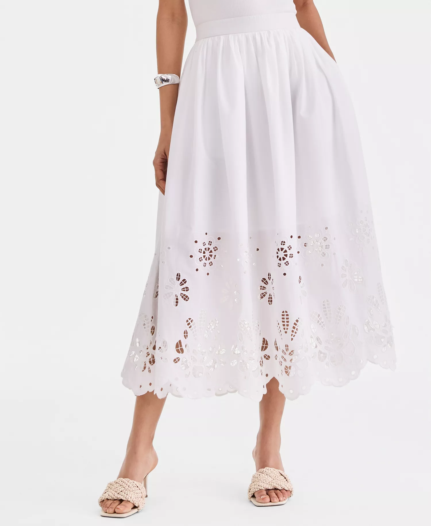 Women's Cotton Eyelet Lace Midi Skirt, Macy's Exclusive  - Bright White - L