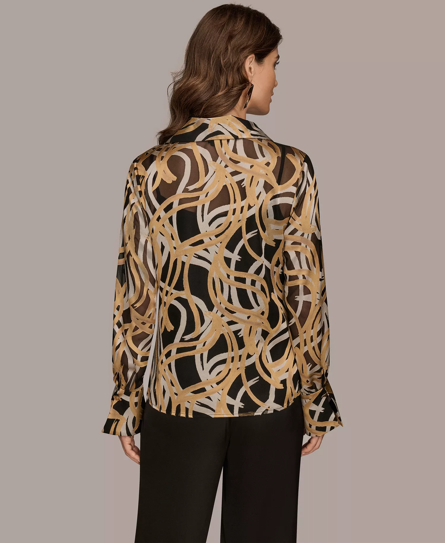 Women's Long Sleeve Burnout Cowl Neck Top, Regular & Petite - Black/gold - L