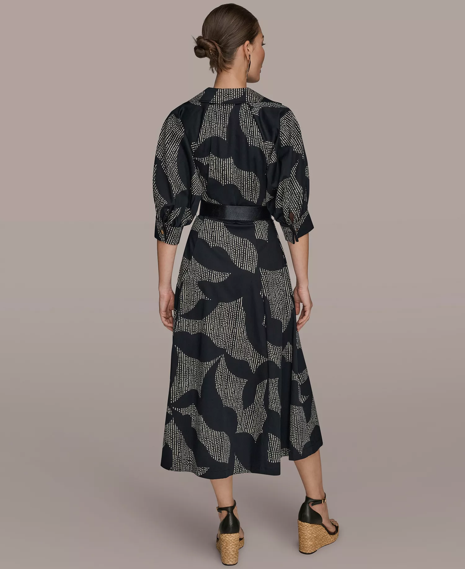 Women's Spread Collar Midi Shirt Dress - Black/Sand - 10