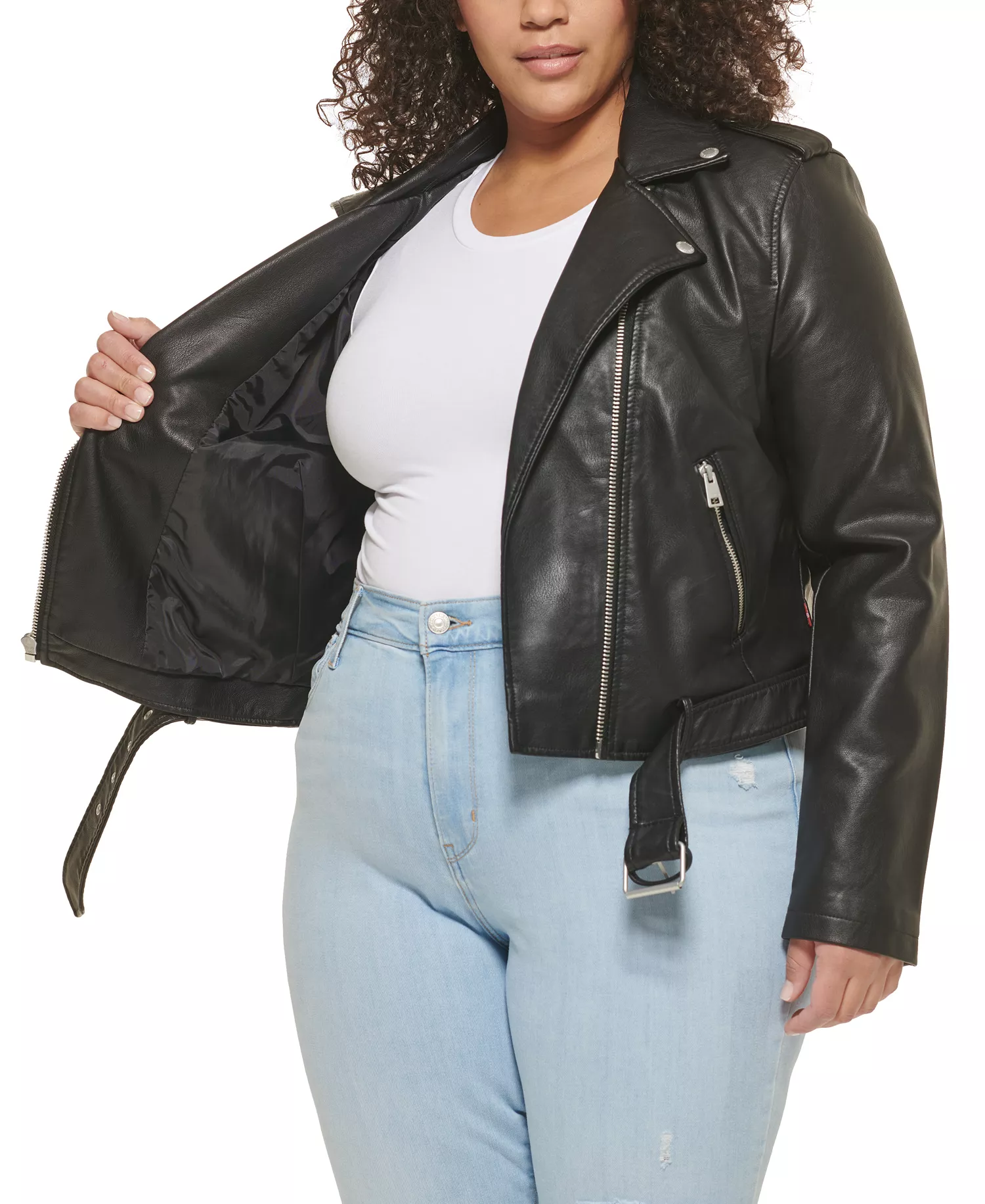 Plus Size Faux Leather Belted Motorcycle Jacket - Black Black - 4X