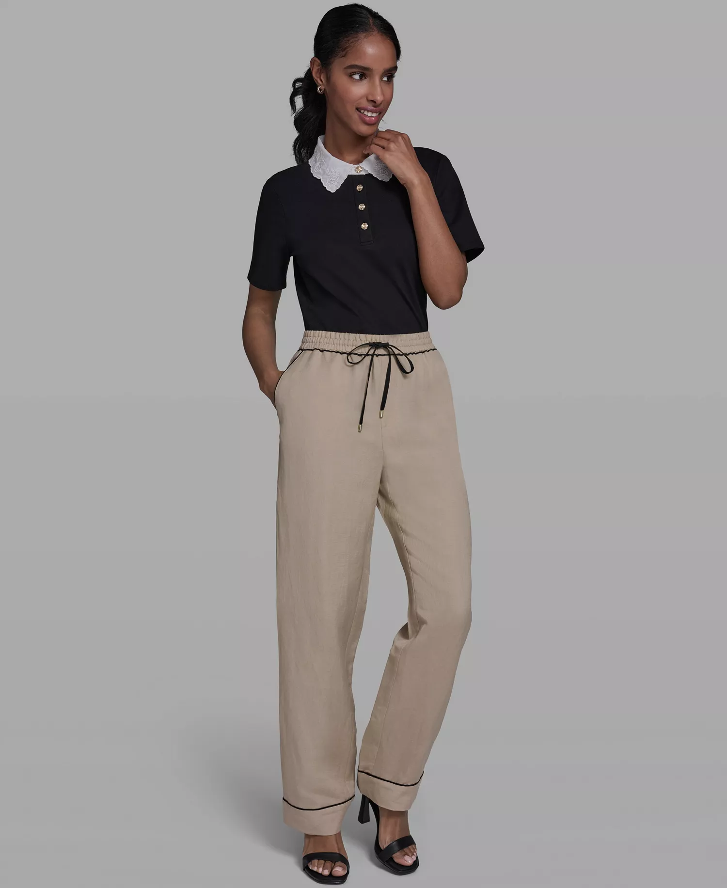 Women's Mid-Rise Contrast Trim Drawstring Pull-On Linen-Blend Pants - French Beige - L