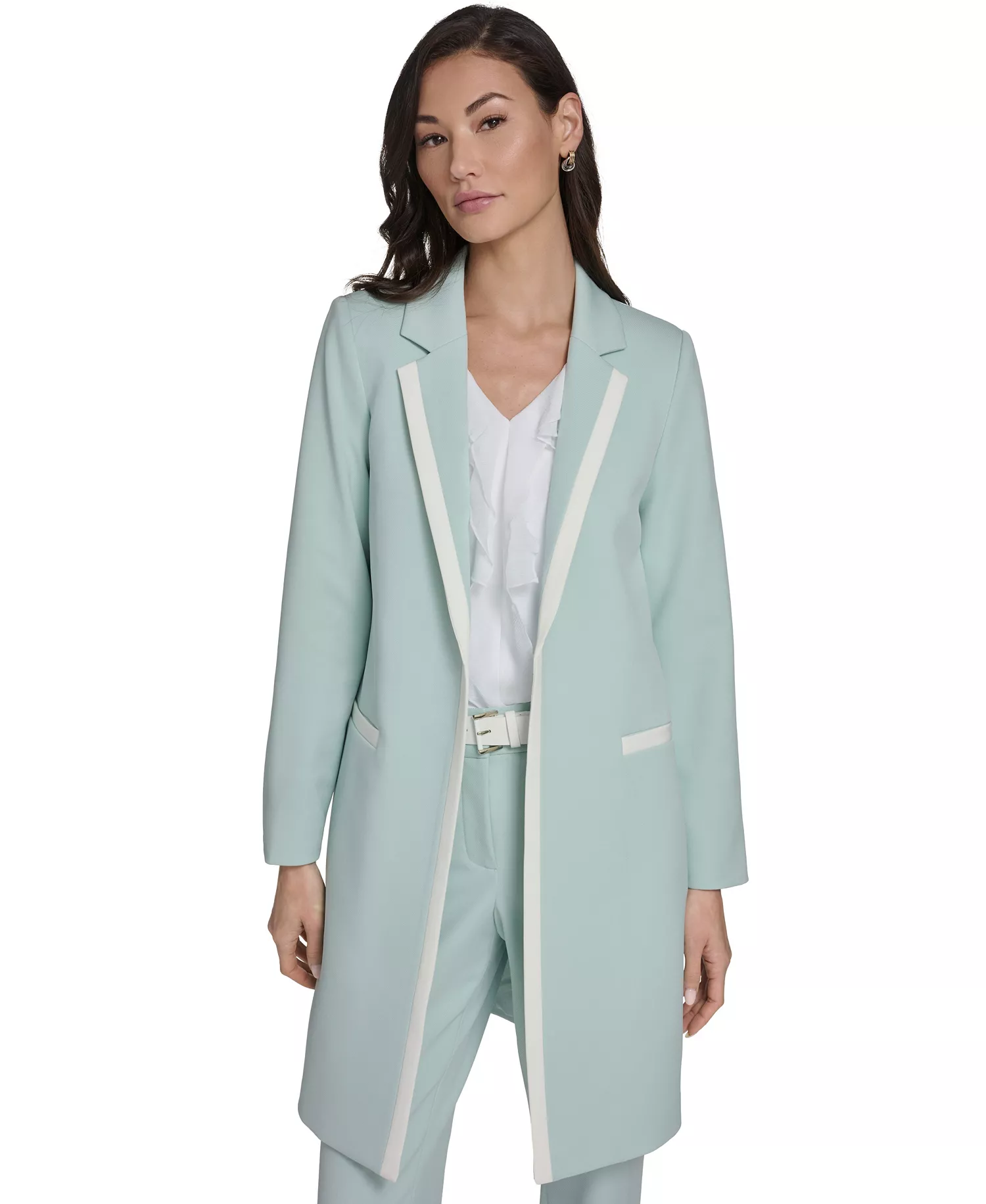 Women's Notch Collar Framed Topper Jacket and Solid Belted Bootcut Trousers - Harbor Gray/Ivory - 0